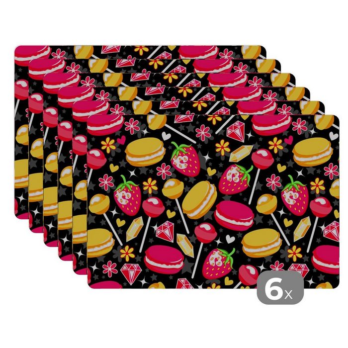 Platzset Süßigkeiten - Muster - Erdbeere MuchoWow (6-St) Platzset Platzdecken Platzmatte Tischmatten Schmutzabweisend