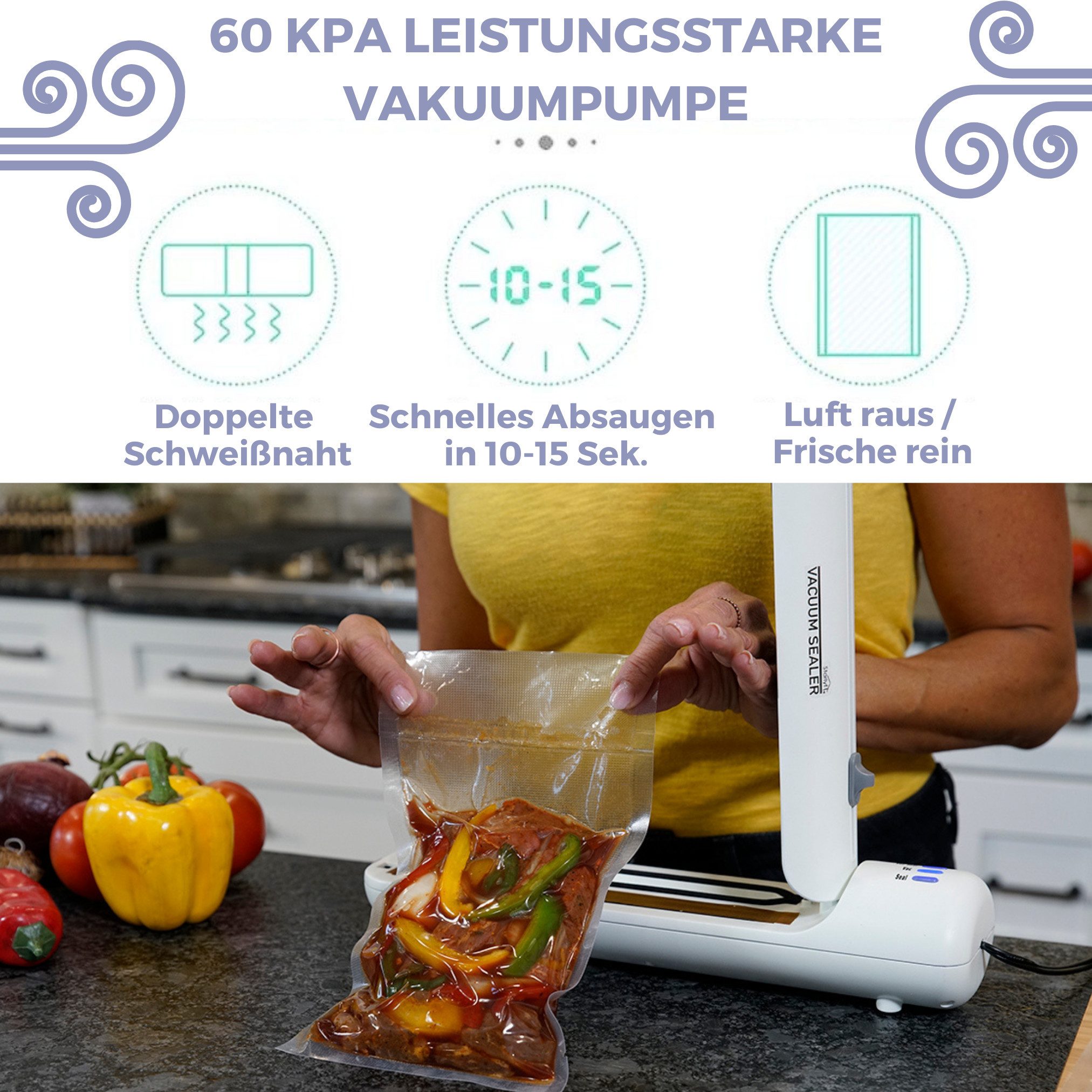 Starlyf Vakuumierer Vacuum Sealer, Rollenbreite 20 cm, 140,00W, Vakuumiergerät inkl. 20 Beutel & Rezepte (einzeln oder im Spar Set)