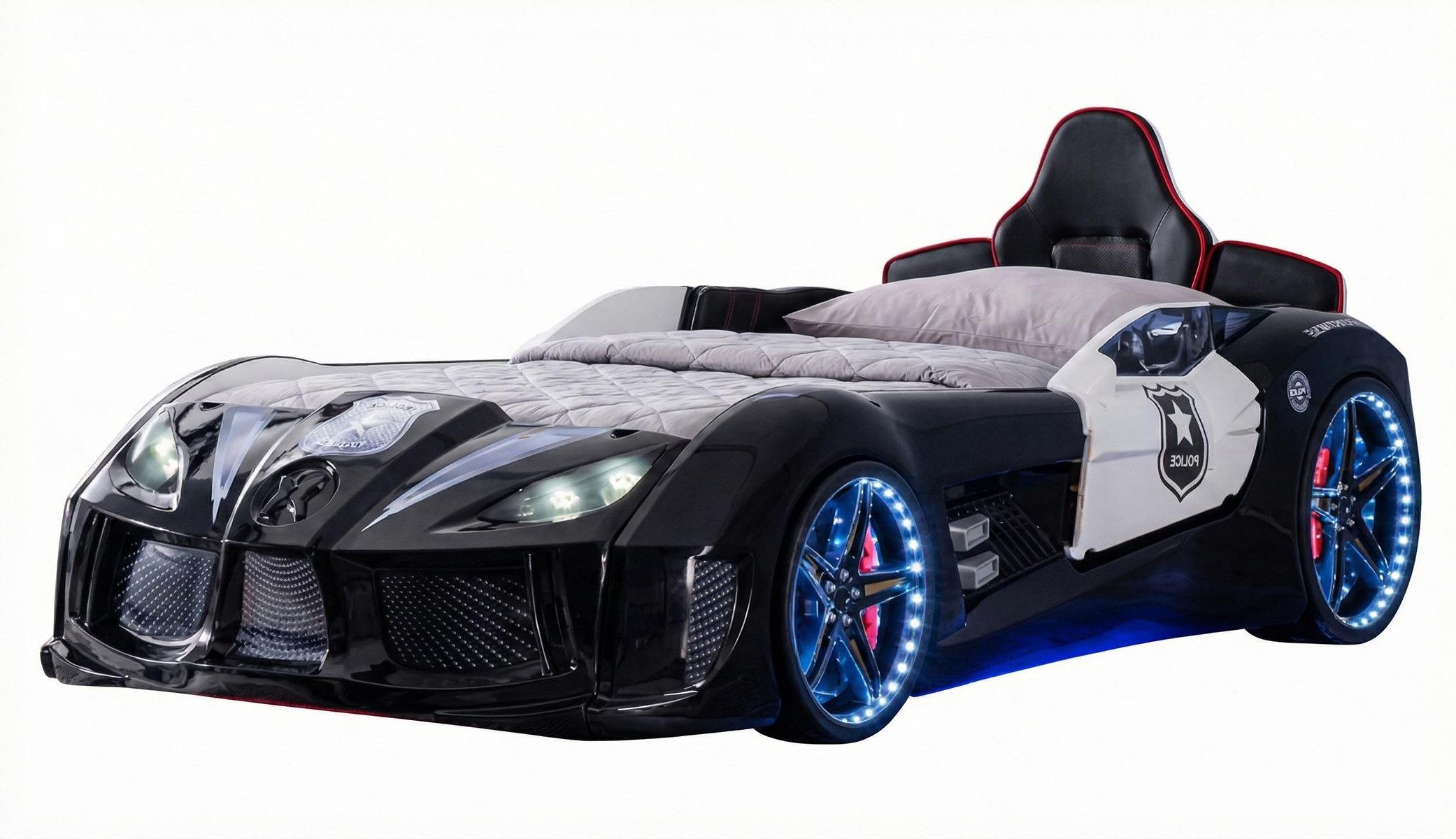 Xlmoebel Autobett Schwarzes Autobett mit LED-Beleuchtung und Sound für Kinderzimmer, Made in Europa