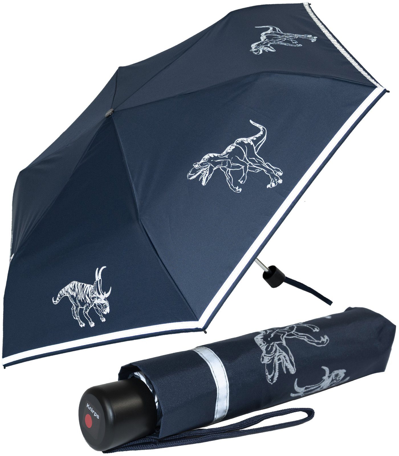 Knirps® Taschenregenschirm Kinderschirm 4Kids reflective mit Reflexborte, für sicheren Schulweg, reflektierende Dinos Big