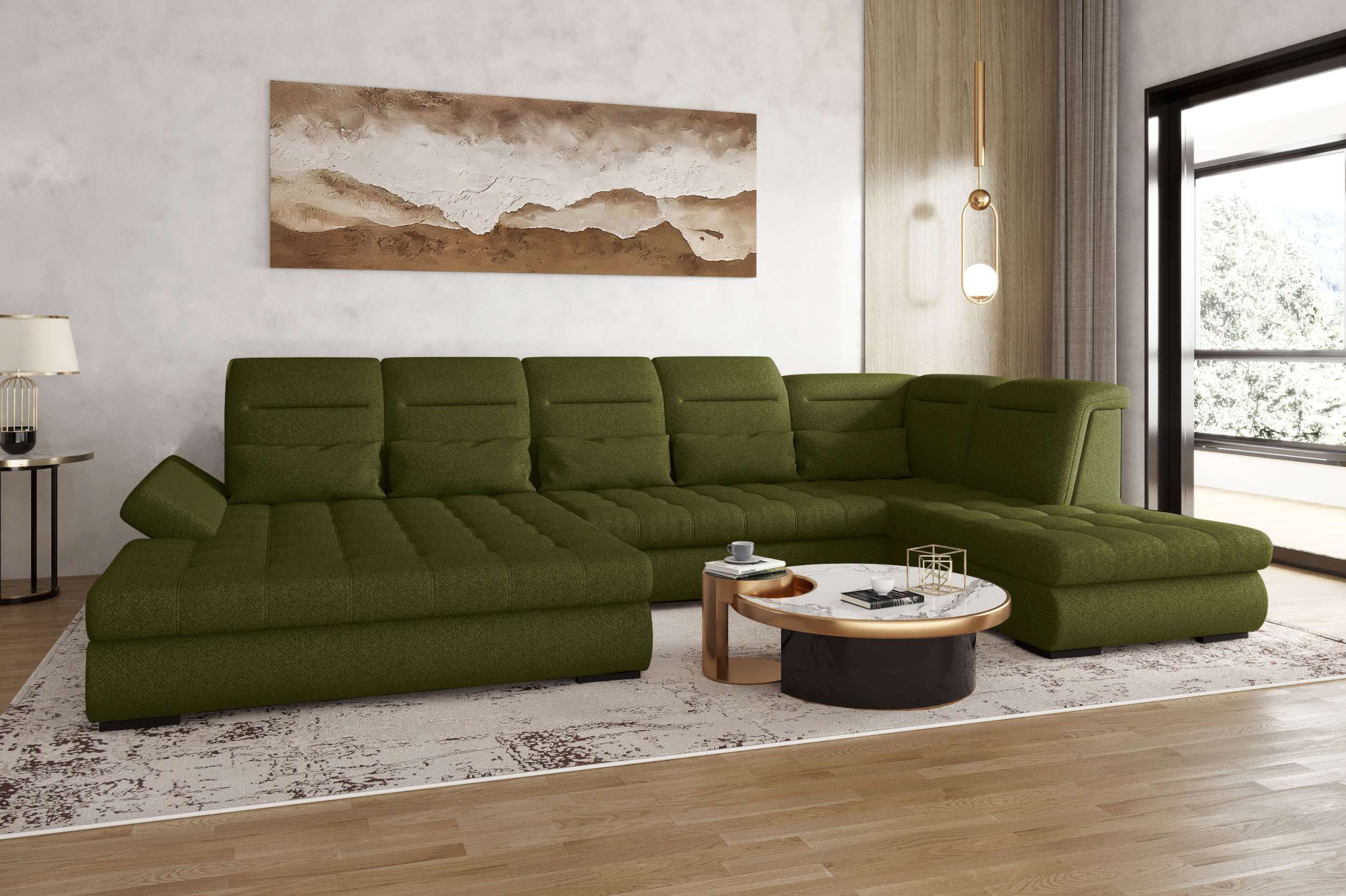 99rooms Wohnlandschaft Toscana, Sofa, U-Form, Rundumbezug aus Strukturstoff NEVE, mit Schlaffunktion