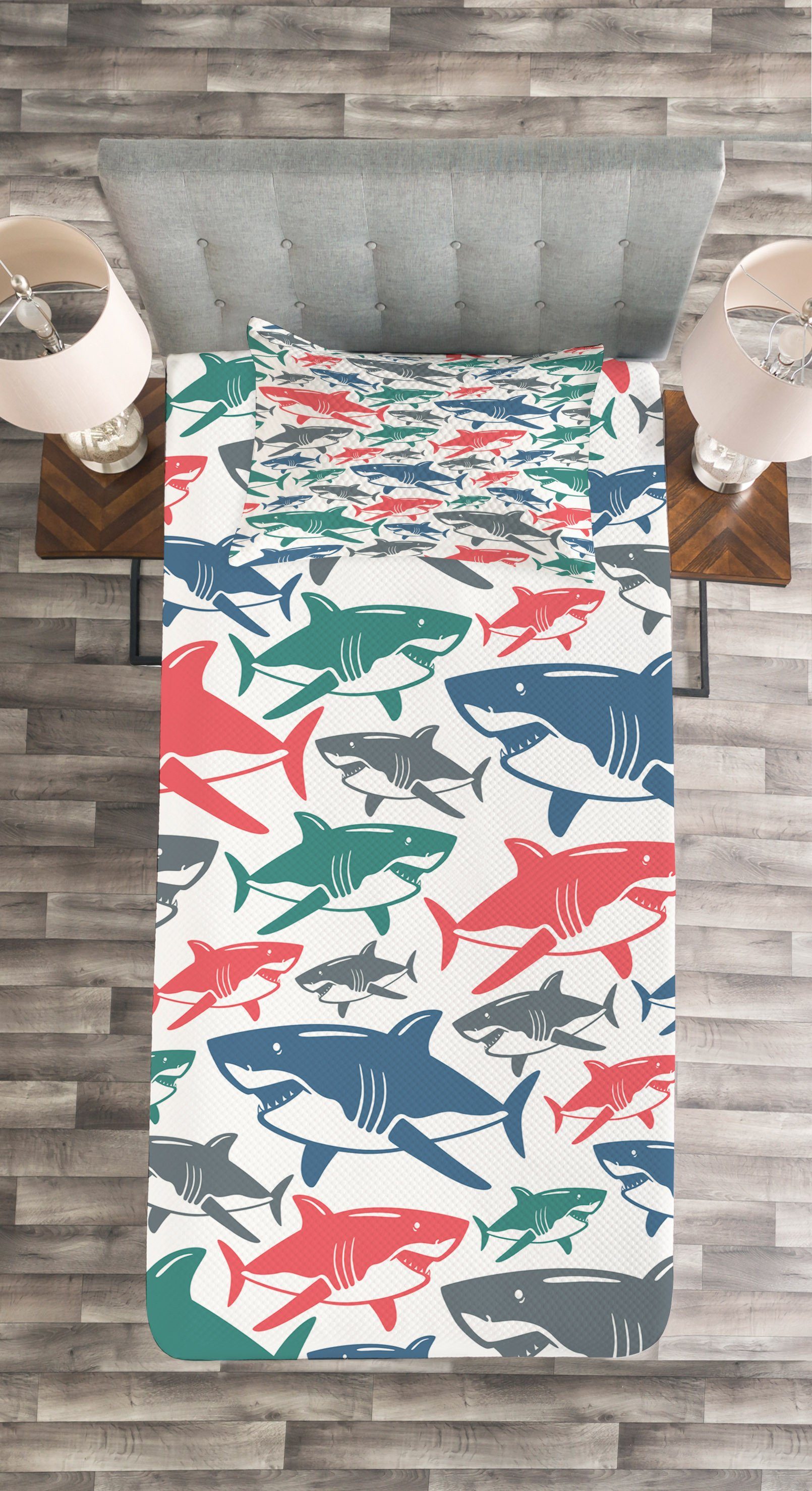 Bunte Waschbar, Tagesdecke Fisch Patterns Kissenbezügen Abakuhaus, mit Shark Set
