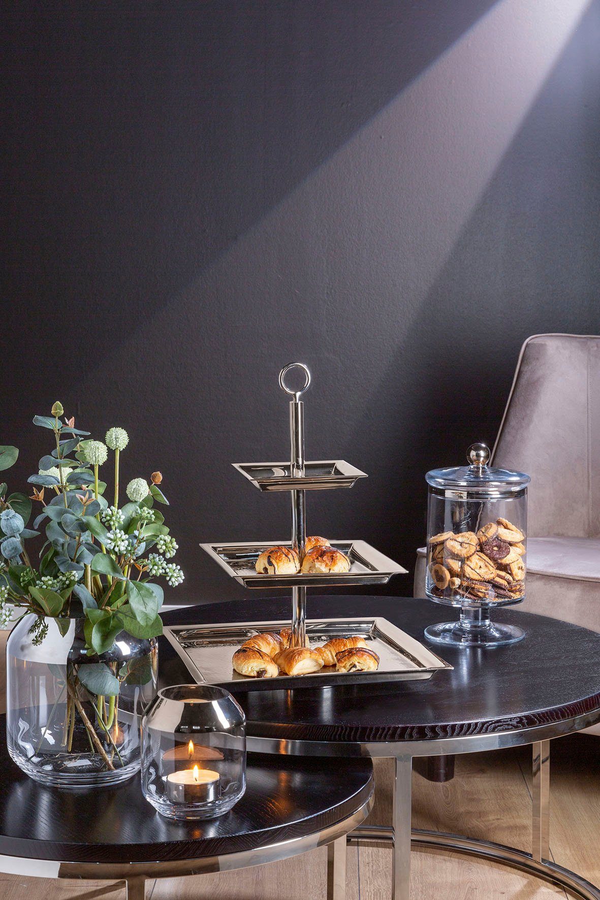 Fink Etagere NAGANO, mit feiner Hammerschlagstruktur, Edelstahl, (1-tlg), mit 3 Etagen, quadratisch