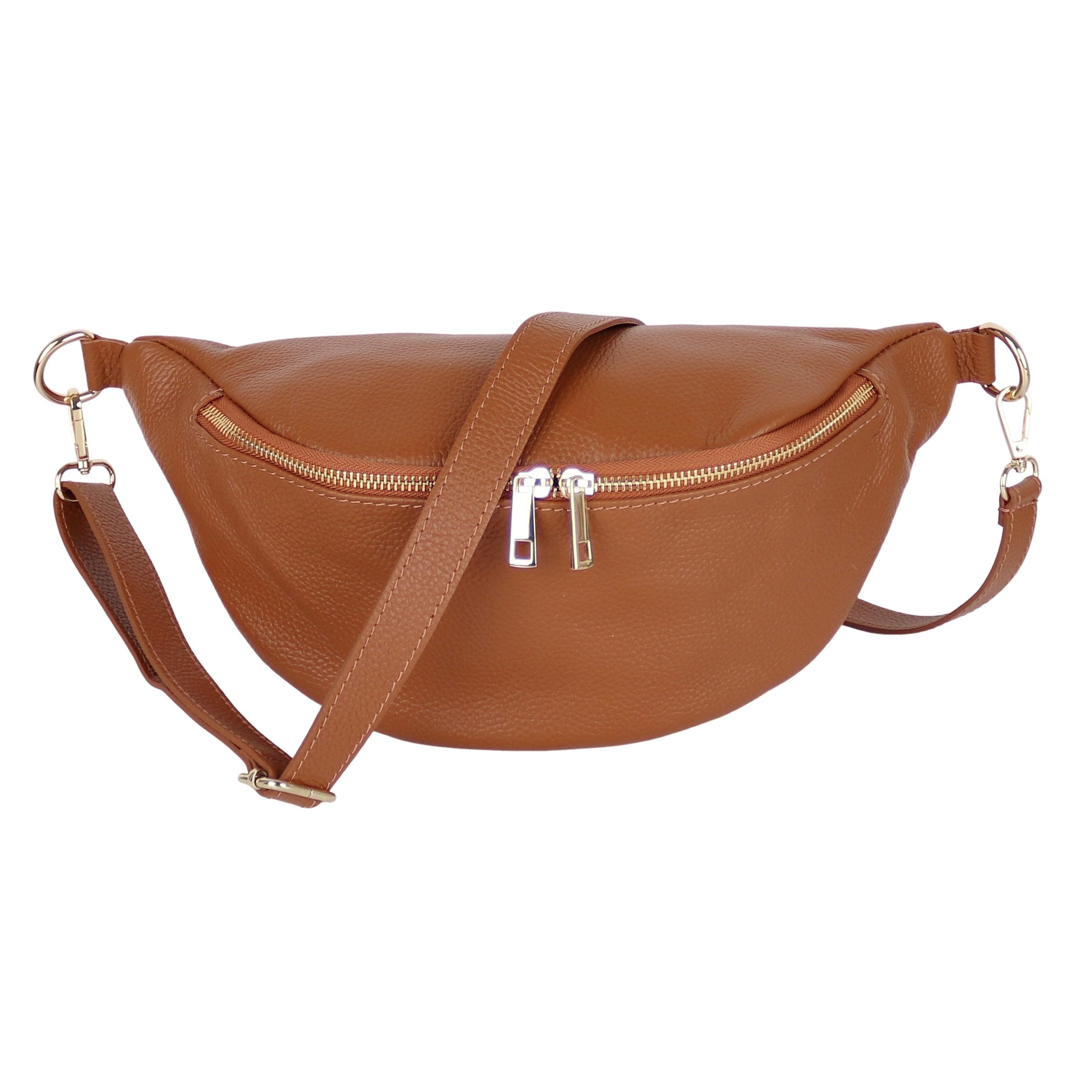 MIRROSI Bauchtasche Damen Echtleder Made in Italy, mit goldfarbenem Reißverschluss (Schulterriemen Länge verstellbar, ca.33x18x12cm), auch als Umhängetasche; Brusttasche, Crossbody Bag