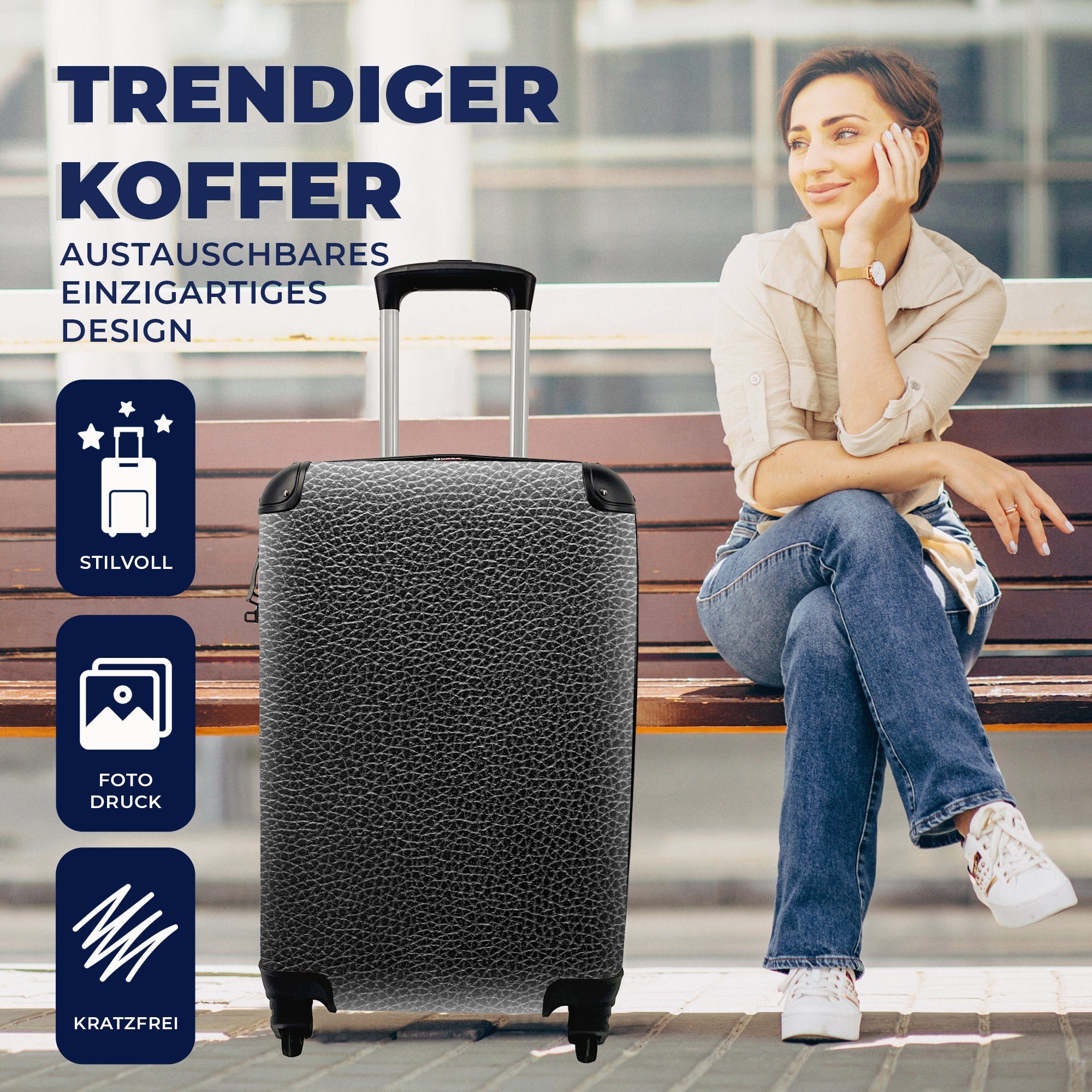 Schwarz, rollen, - Strukturiert Ferien, MuchoWow mit Rollen, für 4 - Trolley, Reisetasche Handgepäck Reisekoffer Leder Handgepäckkoffer