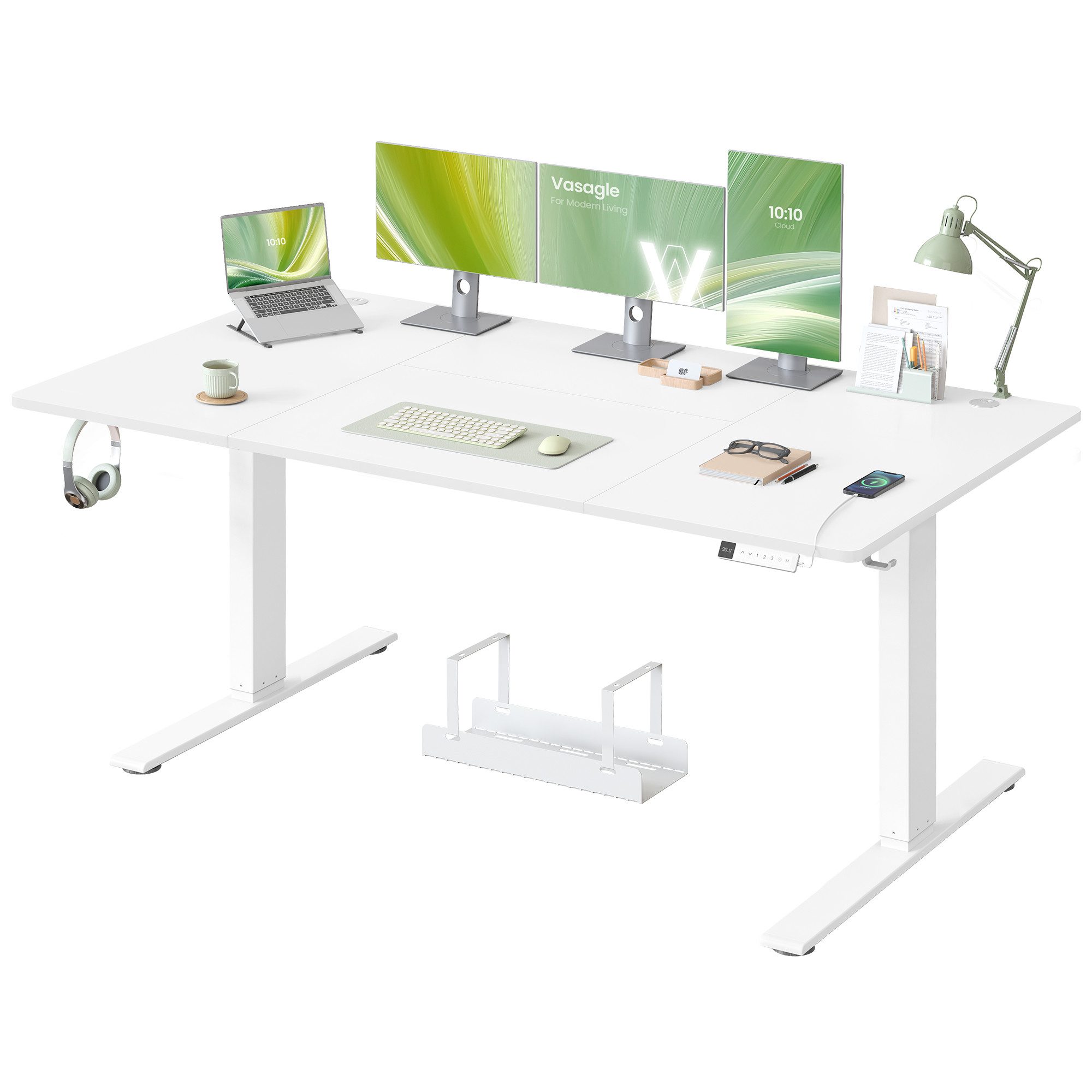 VASAGLE Schreibtisch Höhenverstellbarer, USB-C-Anschluss, Erinnerung bei langem Sitzen, Ablage für Steckdosenleiste, 3 Speichertasten, 140/160/180cm