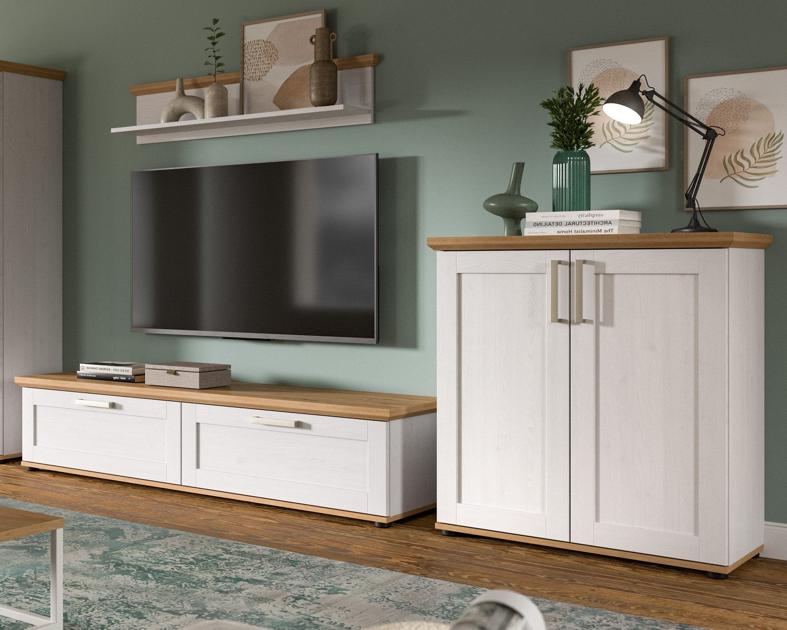 Inn.Furn Wohnwand Mirano, (Wohnzimmer Set in weiß Lärche mit Eiche Artisan, 3-teilig, 260 x 150 cm), moderner Landhausstil