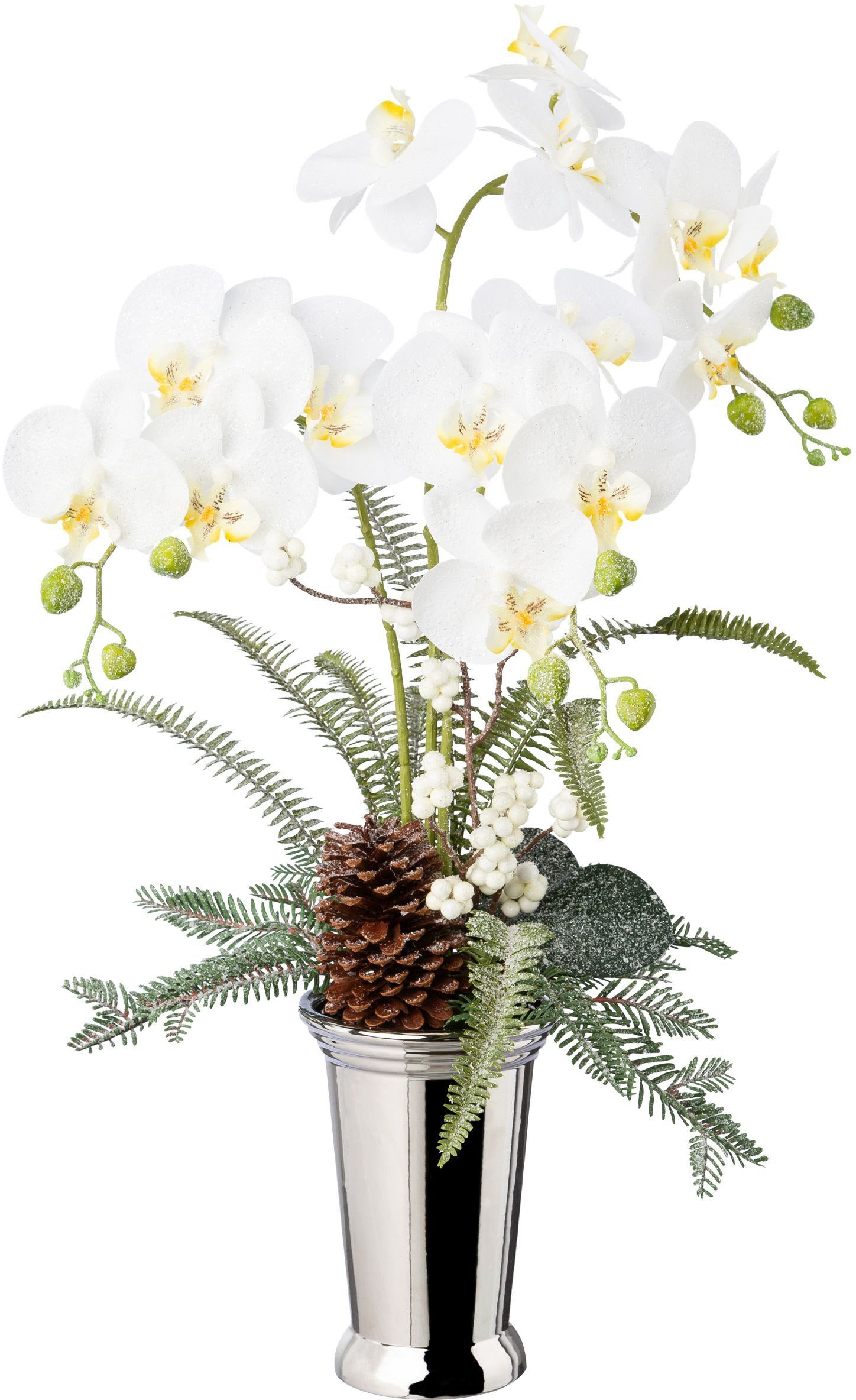 Winterliche Kunstpflanze Weihnachtsdeko Orchidee, Creativ green, Höhe 70 cm, Gesteck in Keramikvase, dekoriert mit Zapfen, Beeren und Farnzweigen