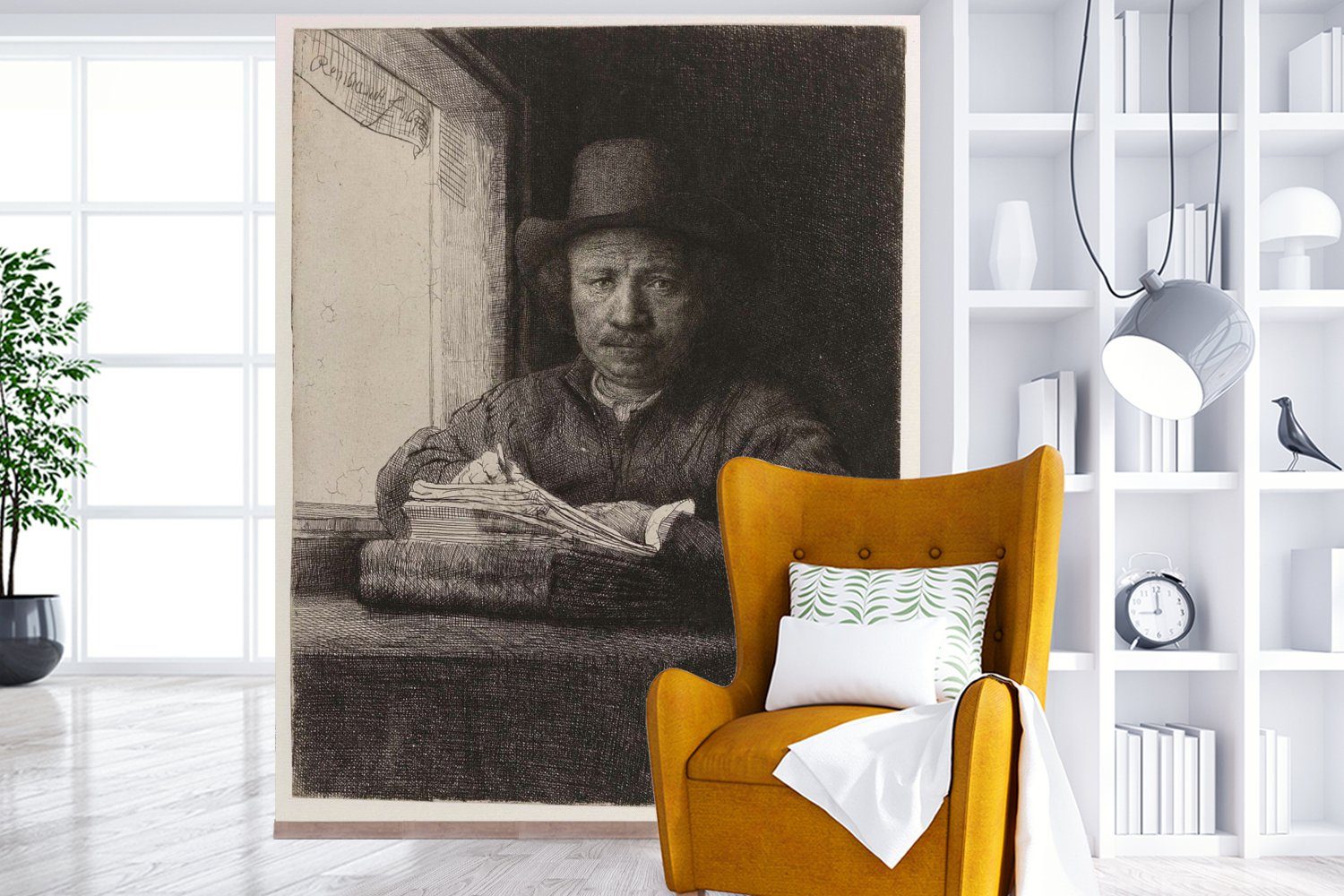 St), Küche, für Rembrandt, MuchoWow neben Wohnzimmer einem Fototapete - Selbstbildnis Fototapete (3 Rembrandt, bedruckt, Vliestapete Fenster Schlafzimmer Radierung von Matt,