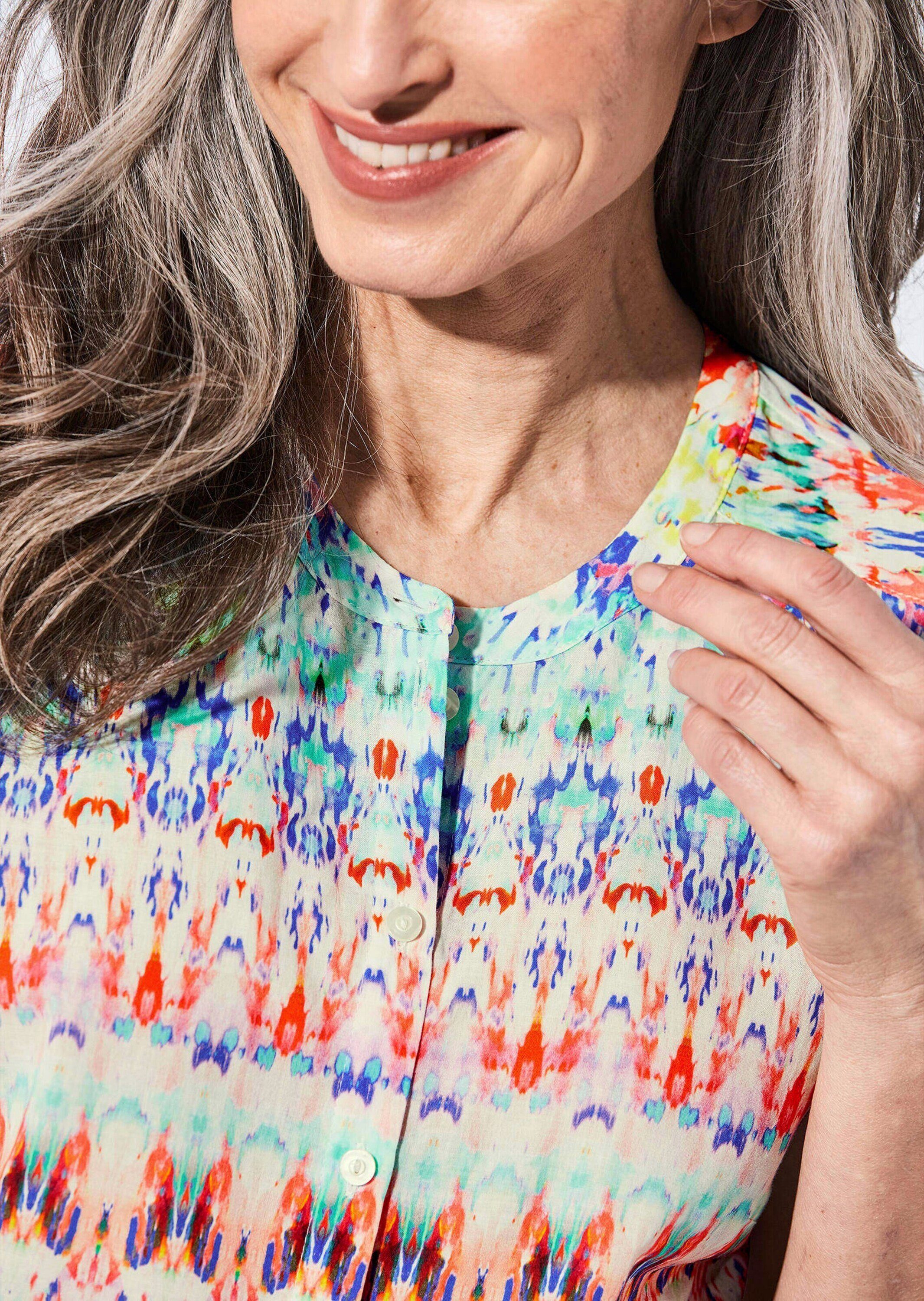 GOLDNER Kurzarmbluse Kurzarm Printbluse für Damen multicolor Modische, hüftbedeckende Sommerbluse mit rundem Ausschnitt