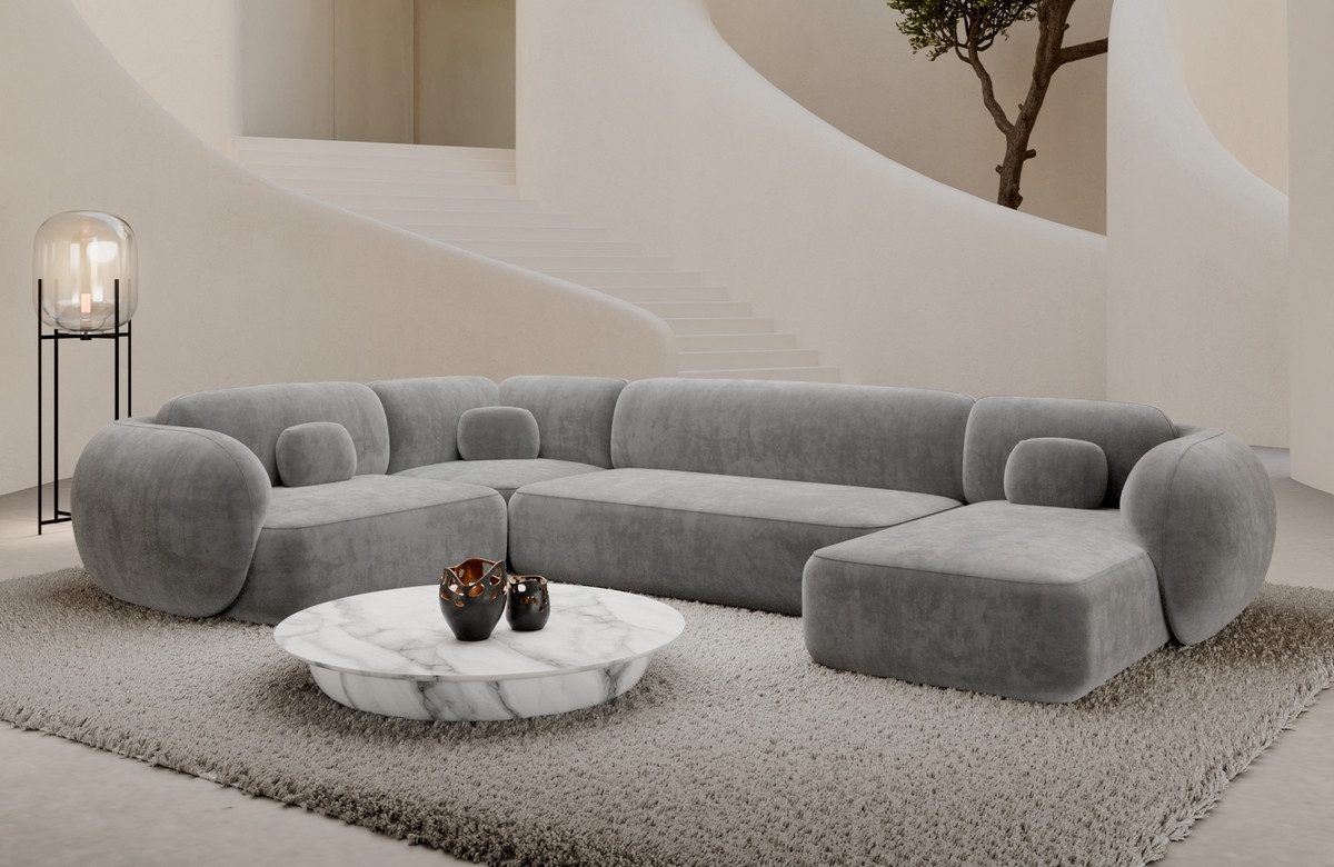 Sofa Dreams Wohnlandschaft Altea U Form Stoffsofa, Ottomane, 6-Sitzer, Loungesofa, Samtstoff Bezug in Hellgrau