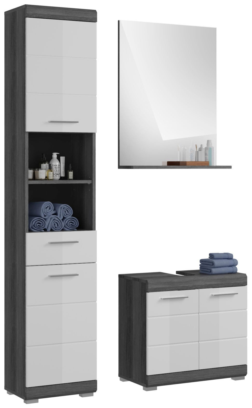 xonox.home Badmöbel-Set Badezimmer Badmöbel-Set SCOUT 3-tlg., mit weißer Hochglanzfront, (Spar-Set, 3-St., Waschtisch, Hochschrank, Hängeschrank, Spiegelpaneel, Badstandschrank)