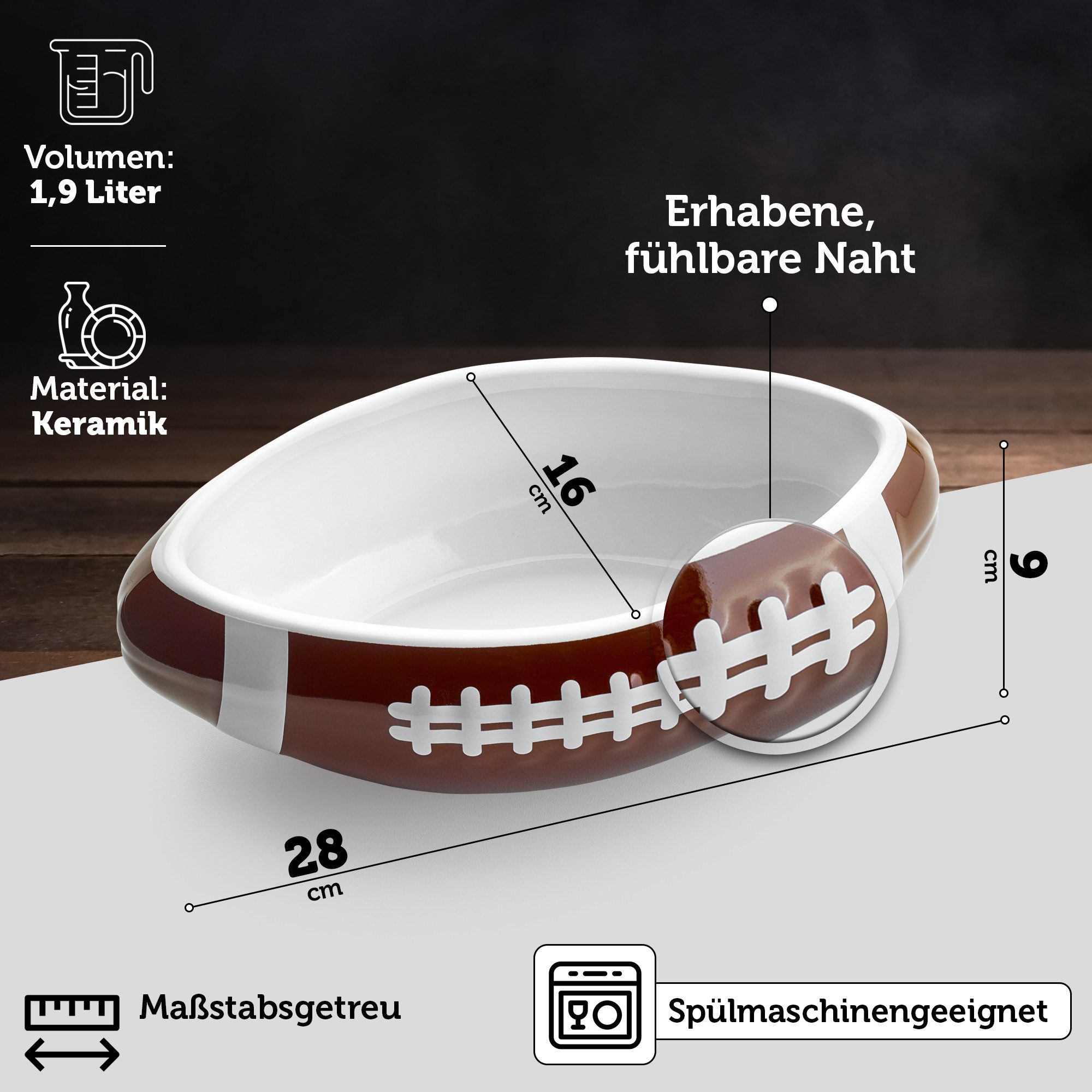 40YARDS Schüssel American Football Schüssel / Schale in American Football Form, Keramik, (Größe: XXL, maßstabsgetreu, 28 cm Länge) mit erhabener Naht