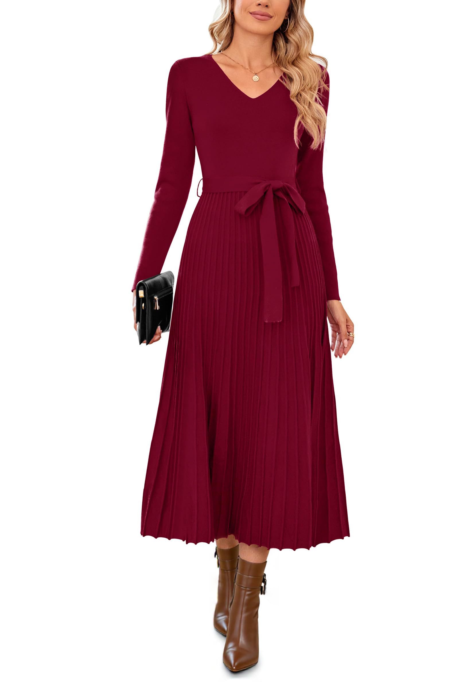 Arach&Cloz Strickkleid Damen Pulloverkleid Herbst Winterkleid Lang Plissee V-Ausschnitt Langarm Elegant Midi Kleider Winter