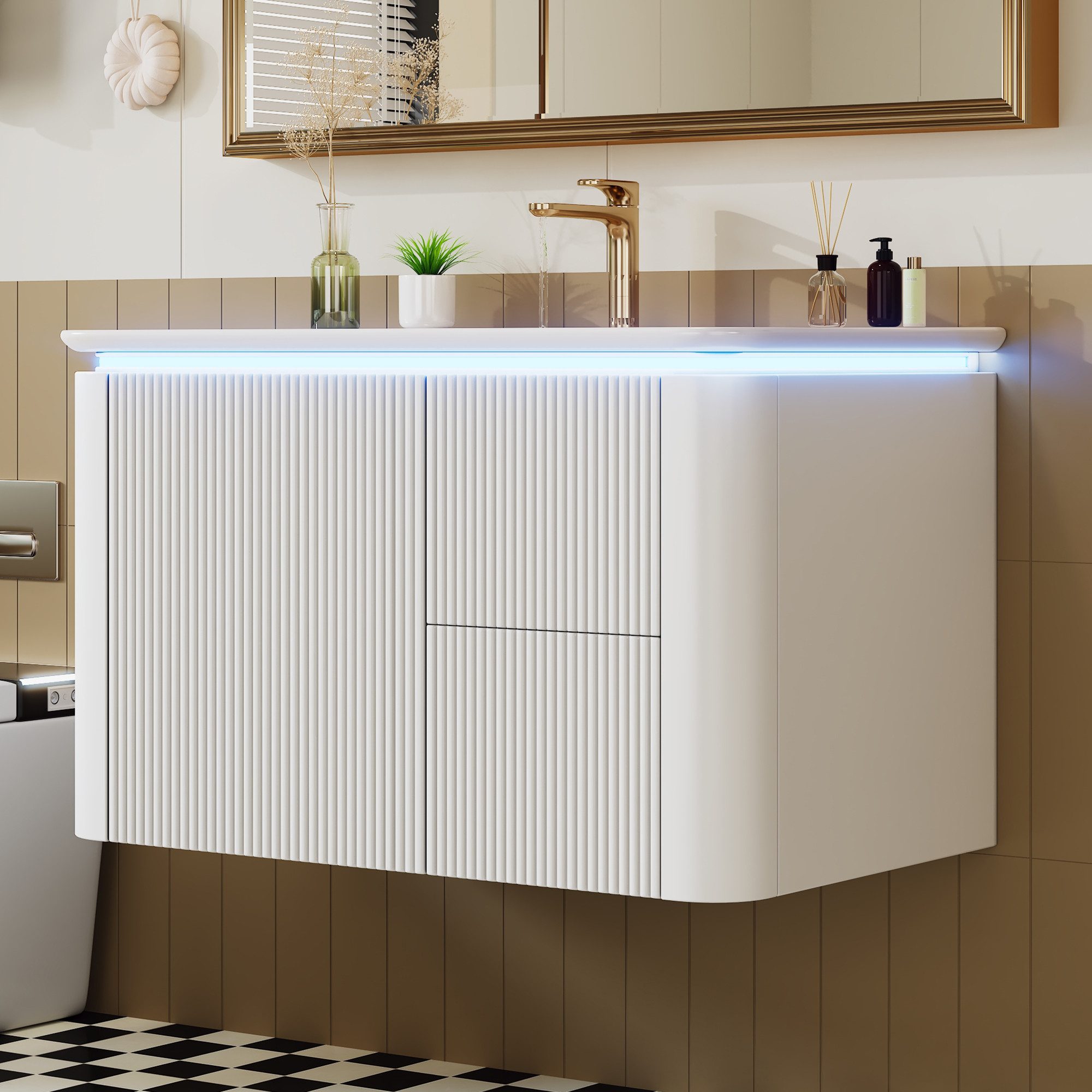 Merax Waschbeckenunterschrank Waschtischunterschrank hängend (1-St., Badezimmerschrank mit Keramik-Waschbecken) LED-Radar-Bewegungssensorleuchte, 3 Schubladen