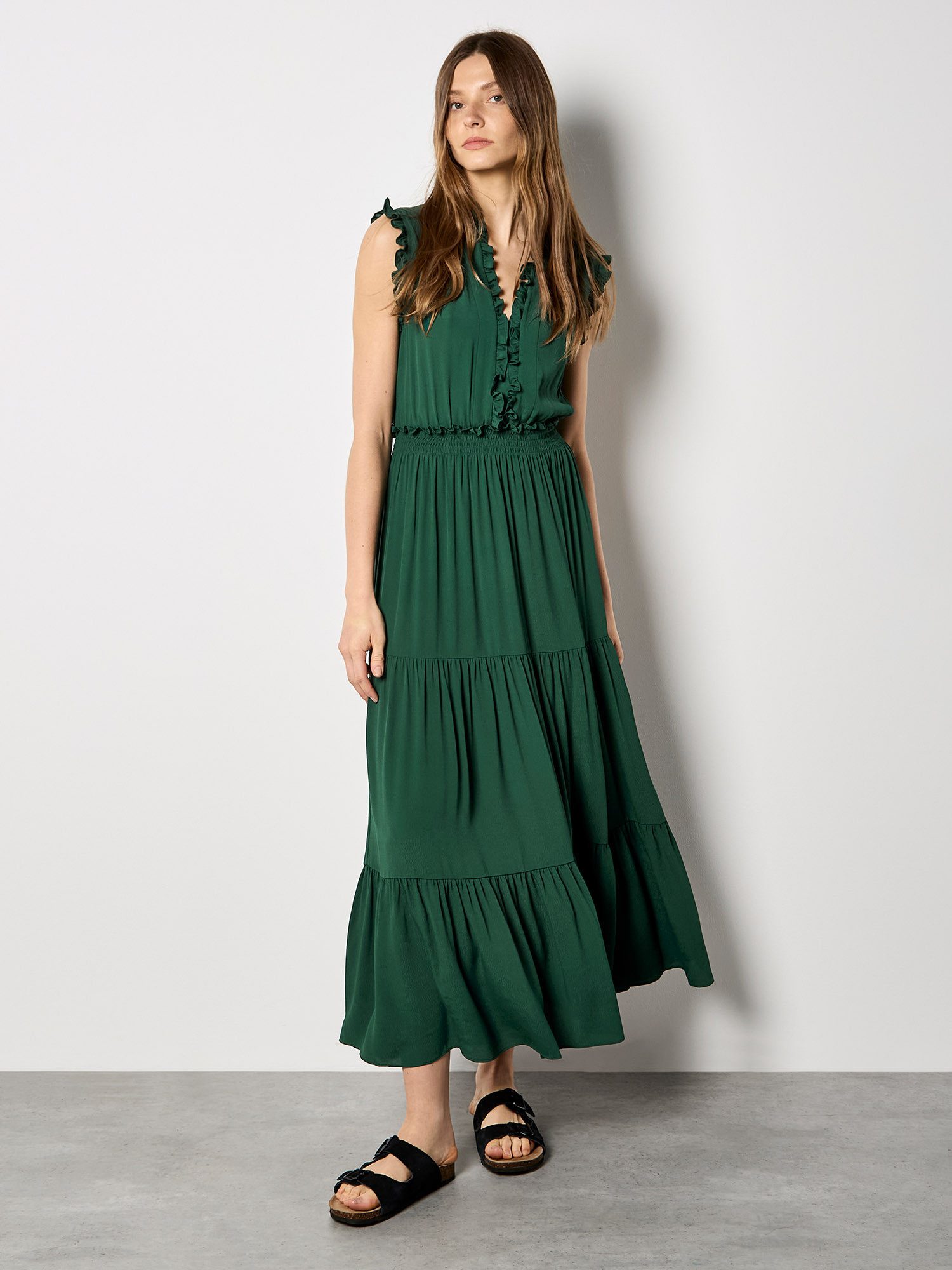 Apricot Maxikleid Maxikleid mit V-Ausschnitt mit Rüschen