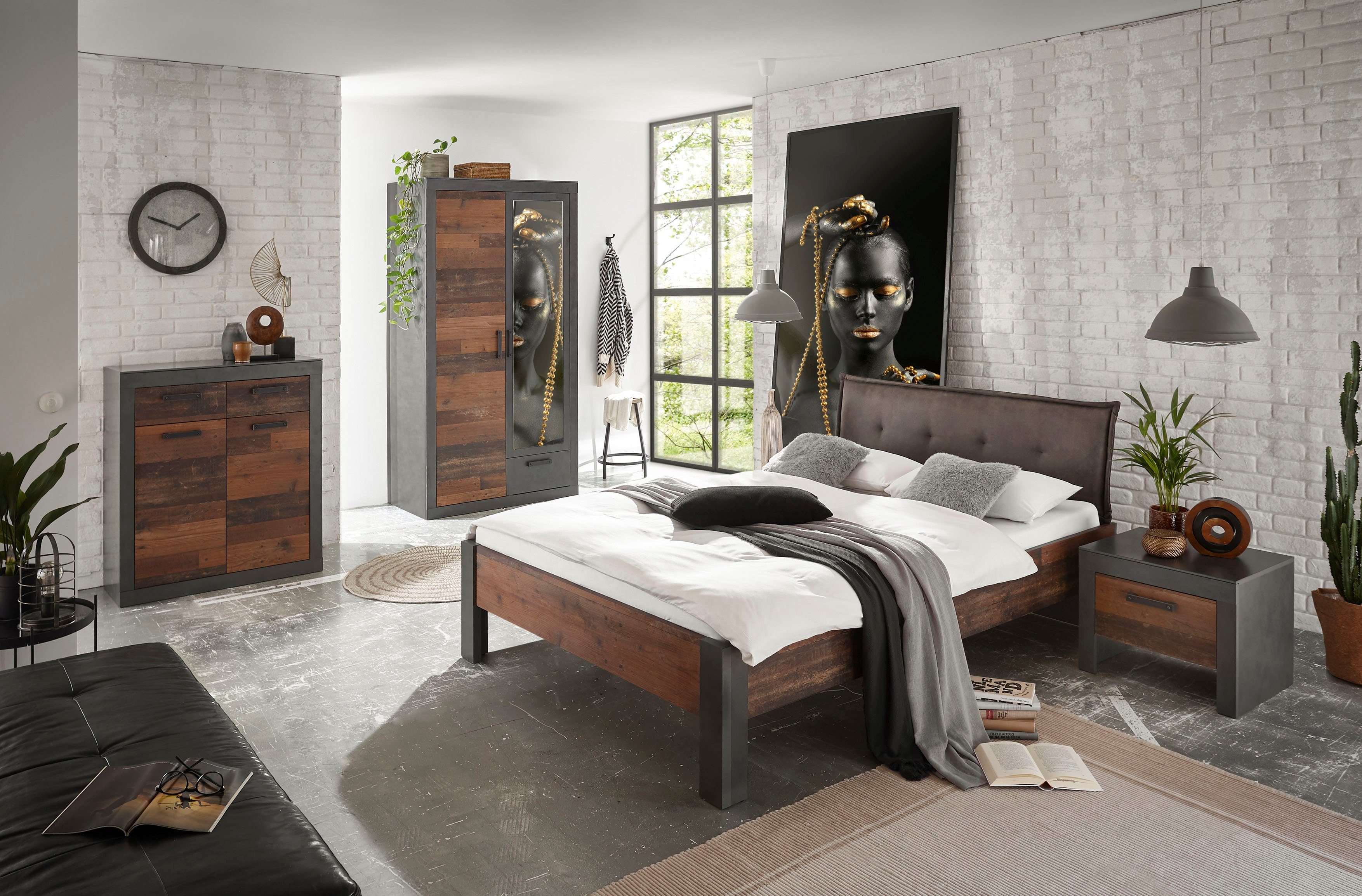 Home affaire Schlafzimmer-Set »BROOKLYN«, (Set, Einzelbett mit Polsterkopfteil, Nachtkommode, Kleiderschrank 2 trg., Kommode), in dekorativer Rahmenoptik-Otto