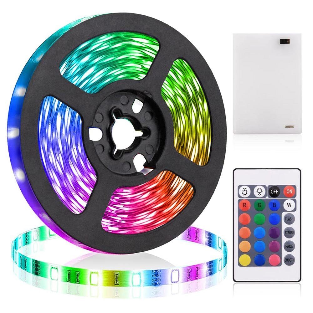 Rosnek LED Stripe 0.5-5M, RGB, wasserdicht, schneidbar, für Schlafzimmer Schreibtisch, Batterie, Fernbedienung; TV Camping Deko