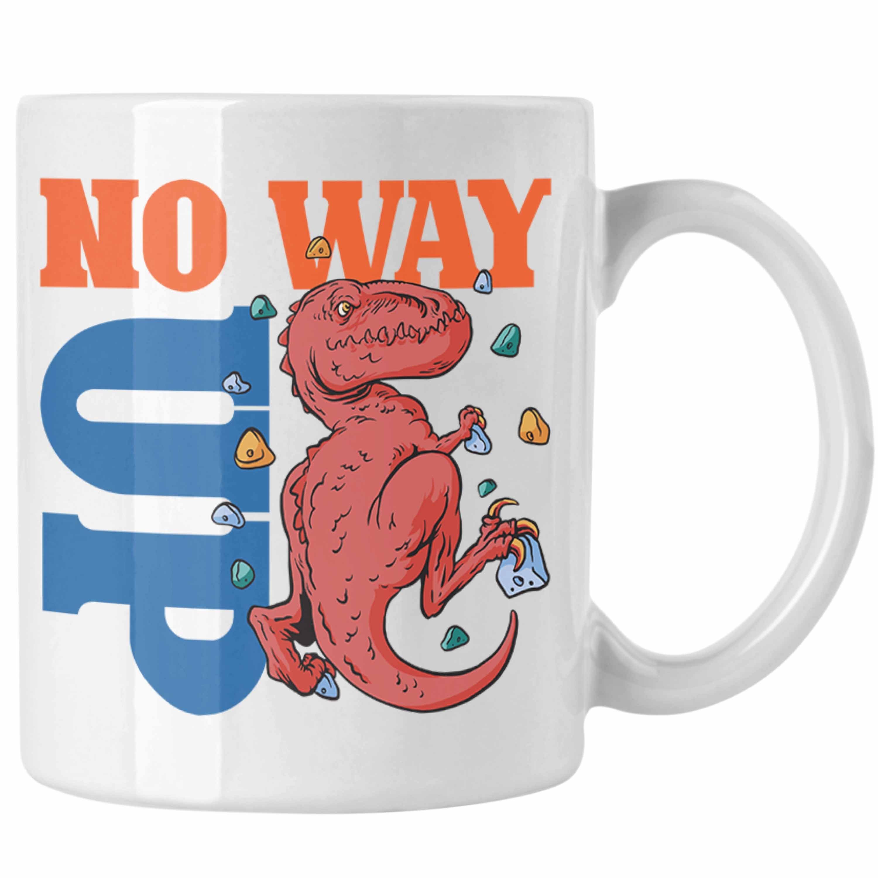Trendation Tasse Bouldern Tasse für Kletterfans mit Dino-T-Rex Grafik "No Way Up" Weiss