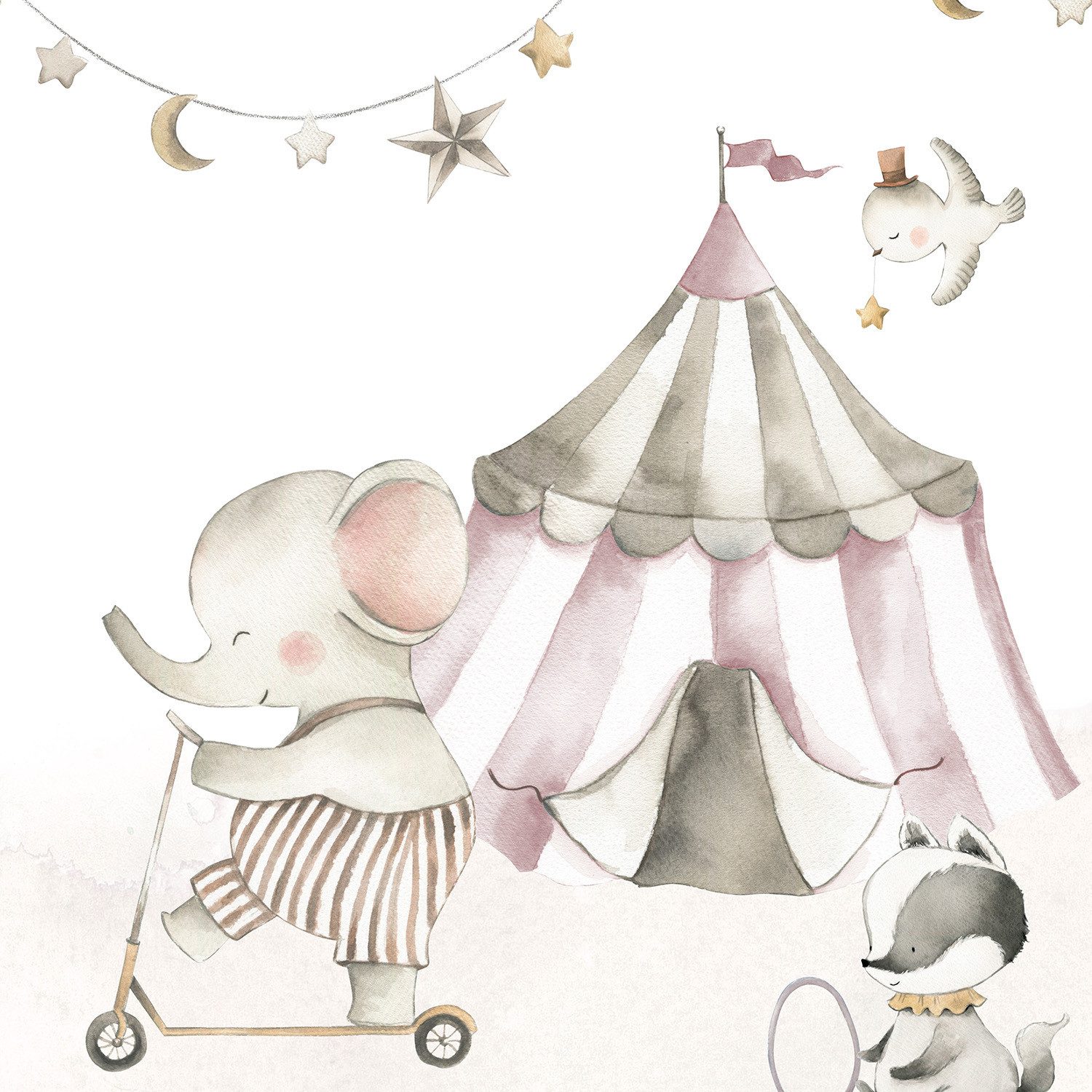 Rasch Fototapete Kinderzimmer mit bunter Zirkuswelt mit Tieren in Rosa, Beige und Grau, strukturiert, gemustert, (1 Rolle, 1 St), Zirkus
