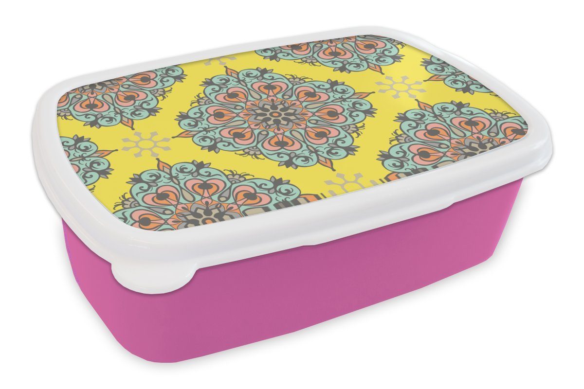MuchoWow Lunchbox Barock - Abstrakt - Muster - Blumen, Kunststoff, (2-tlg), Brotbox für Erwachsene, Brotdose Kinder, Snackbox, Mädchen, Kunststoff rosa
