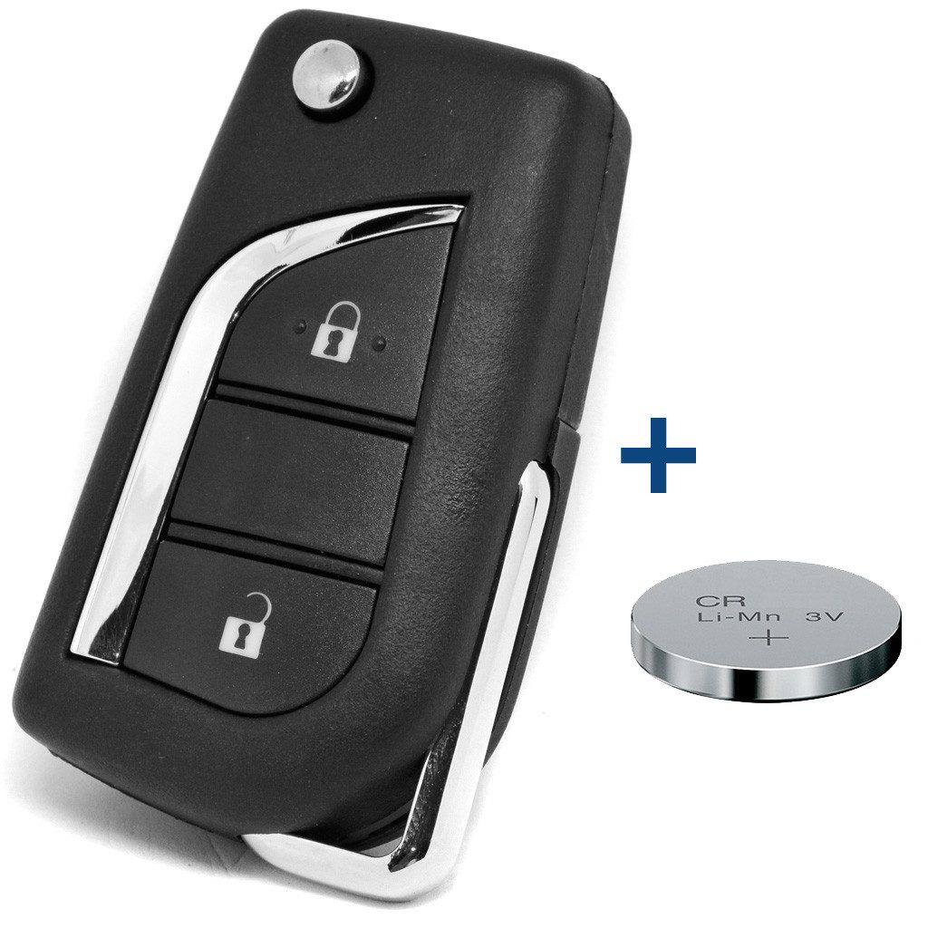 mt-key Klapp Schlüssel Reparatur Gehäuse 2 Tasten + Rohling + 1x CR1620 Knopfzelle, CR1620 (3 V), für Toyota AYGO Peugeot 107 Citroen C1 Funk Fernbedienung