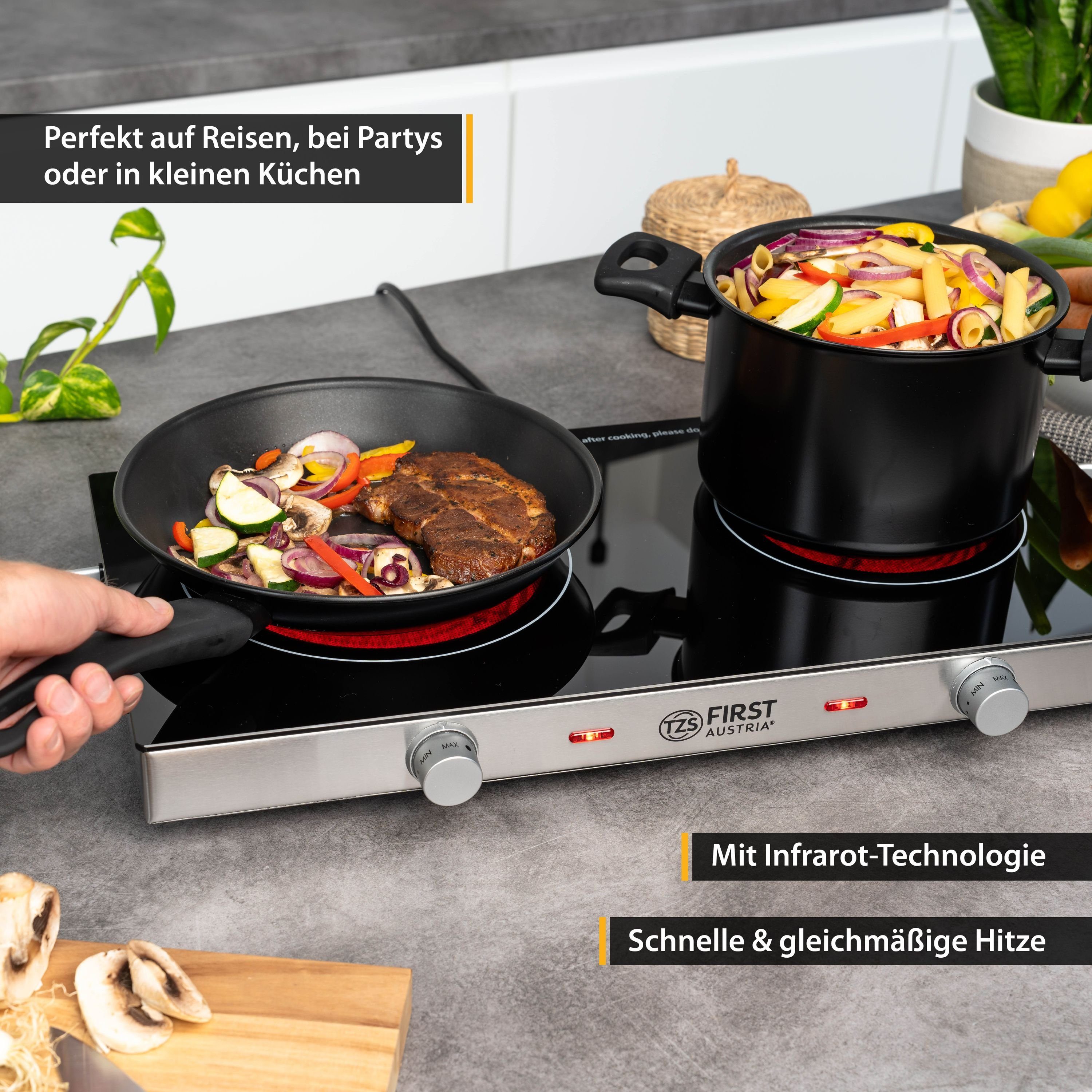TZS FIRST AUSTRIA Doppelkochplatte Infrarot Kochplatte, elektrisch, 2800W, 20cm und 16,5cm Kochfeld, Oberflächentemperatur >400°C, Glaskeramik, jedes Kochgeschi – Bild 4 von 5