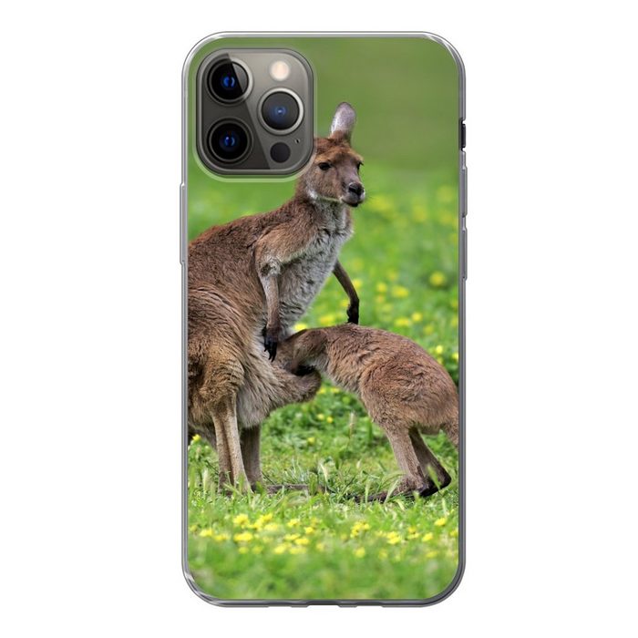 MuchoWow Handyhülle Känguru - Blumen - Jung Handyhülle Apple iPhone 12 Pro Smartphone-Bumper Print Handy