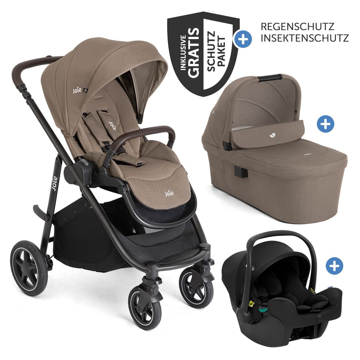Joie Kombi-Kinderwagen Versatrax Set - Cashew, 3in1 Kinderwagen Buggy mit Babywanne, Sportsitz, Babyschale & Zubehör