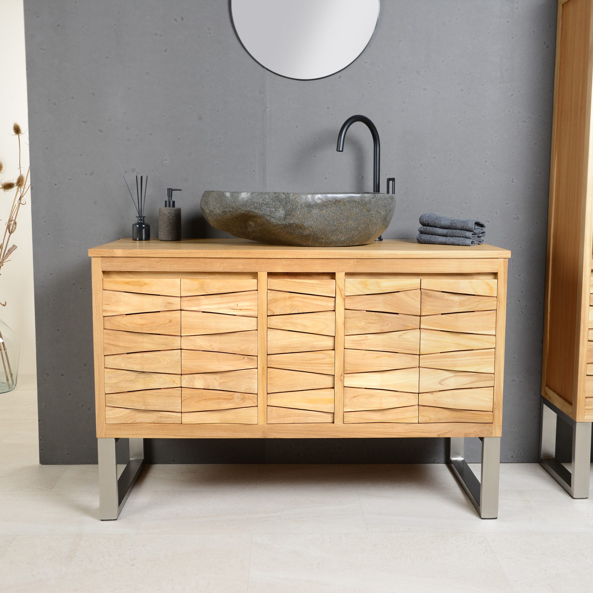wohnfreuden Waschbeckenunterschrank Waschtisch-Unterschrank MOUNTAIN 120 cm breit aus Teakholz