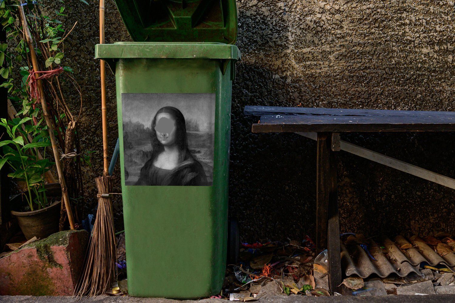 Mülleimer-aufkleber, Vinci - Mona Abfalbehälter Leonardo - Weiß Lisa - da Mülltonne, MuchoWow (1 Schwarz St), Wandsticker Container, Sticker,