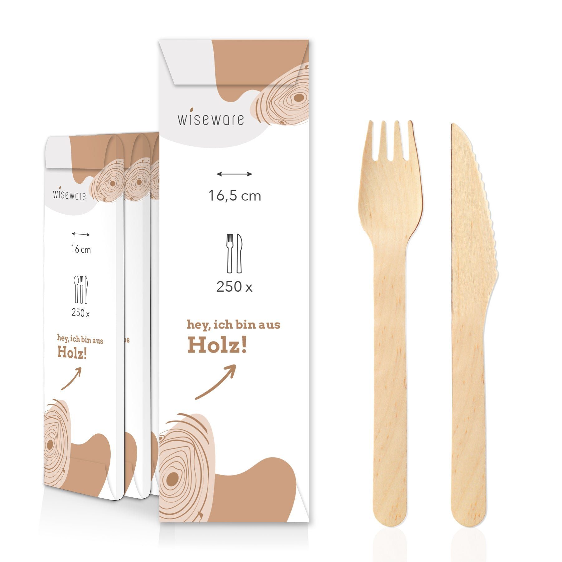 wisefood Einwegbesteck-Set Besteckset aus Holz Gabel und Holz Messer einzeln (250-tlg), Holz