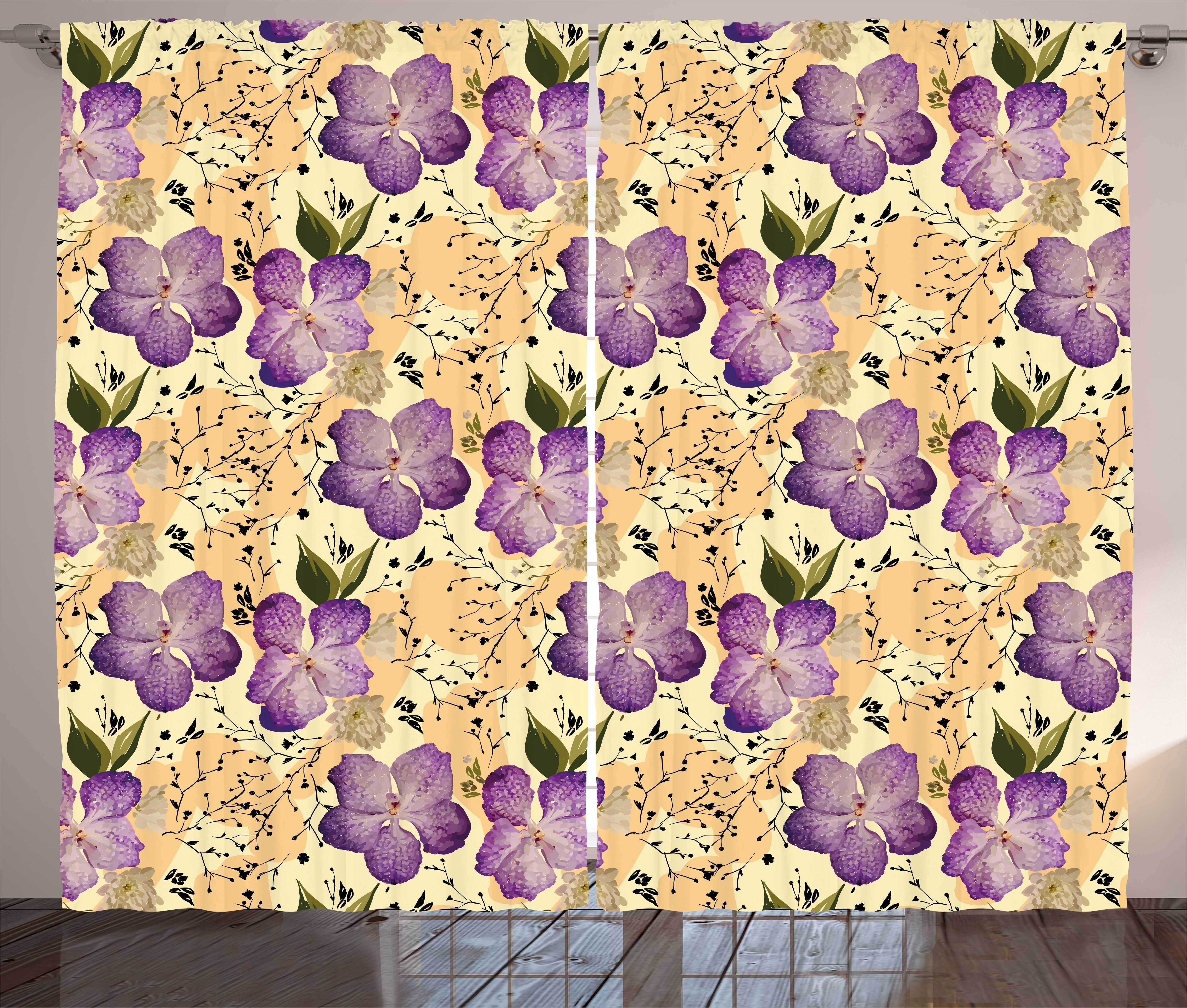 Blumen mit Blooming Schlaufen und Haken, Orchideen-Muster Kräuselband Vorhang Gardine Abakuhaus, Schlafzimmer