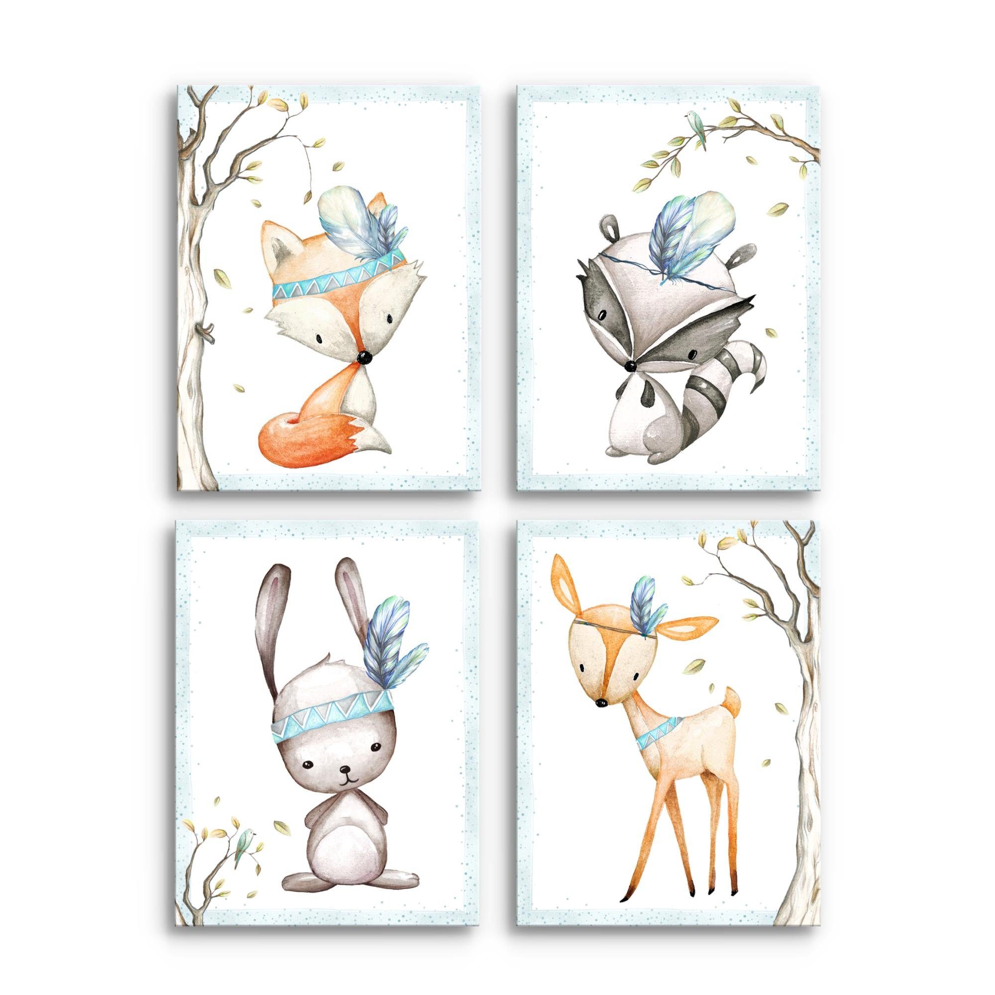 Novart Wandbild Kinderzimmer Tiere Bilder Set 4 Teile 30x40 cm Babyzimmer günstig online kaufen