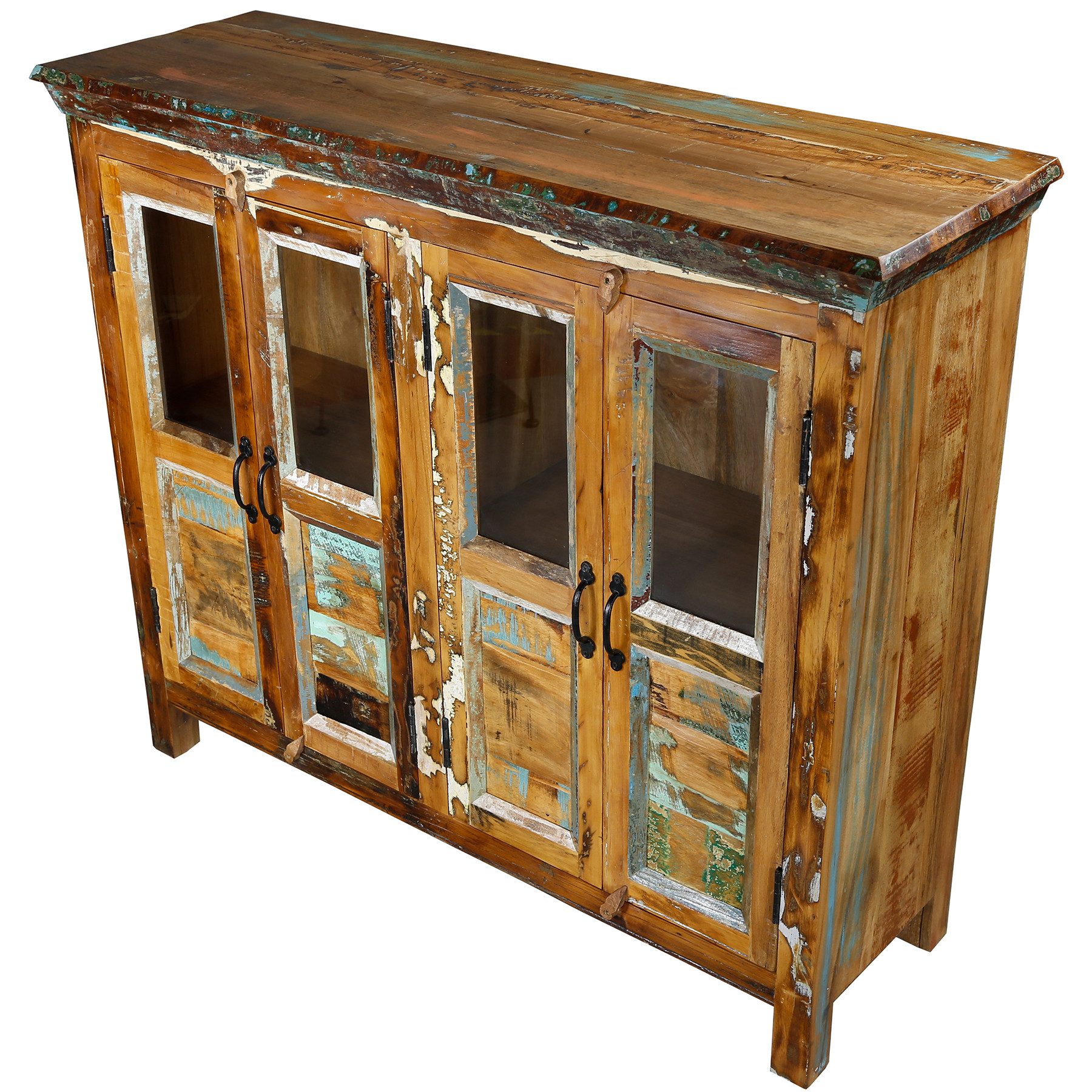 Casa Moro Sideboard Hochkommode TV mit Glas Türen Massivholz Altholz 122x42x90 cm, massiver Aufbau, Stabil: 50 kg Gewicht, viel Stauraum, handgefertigt