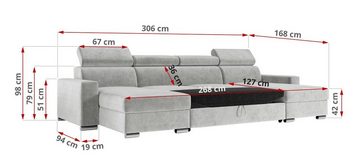 MKS MÖBEL Ecksofa FOX U, Polstersofa mit Bettkasten - U Form Couch mit Schlaffunktion