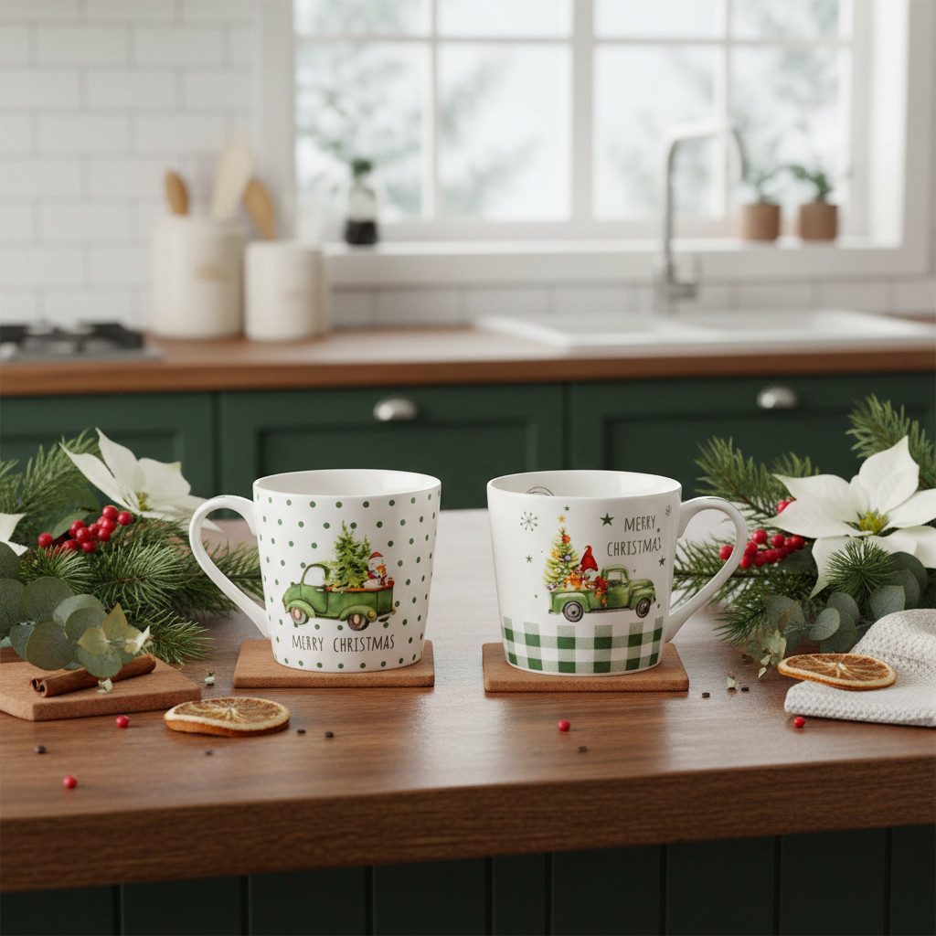 Florists Products Weihnachtsmann Weihnachtstassen Keramik mit festlichem Automotiv, 2 Stück