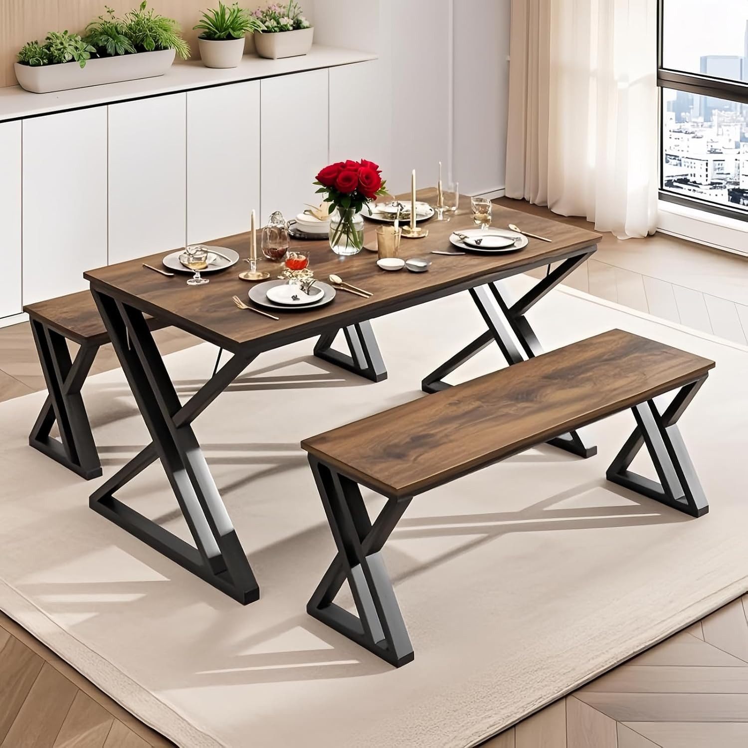 GarveeMore Essgruppe Esstisch-Set für 4, Esstisch mit 2 Bank Platzsparend günstig online kaufen