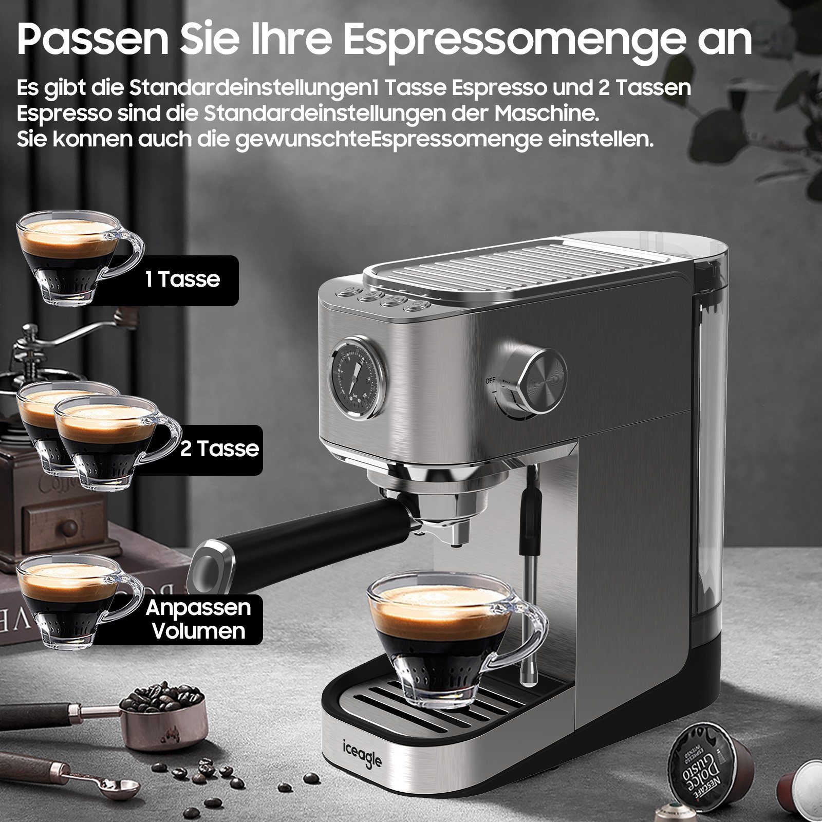 Aoucheni Espressomaschine Tassen,mit schnell Programmierbare,Zerkleinerer,1400W,Visuelles Manometer, Hochdruckpumpe Profi-Milchaufschäumer,20 Bar Korbfilter, 1-2