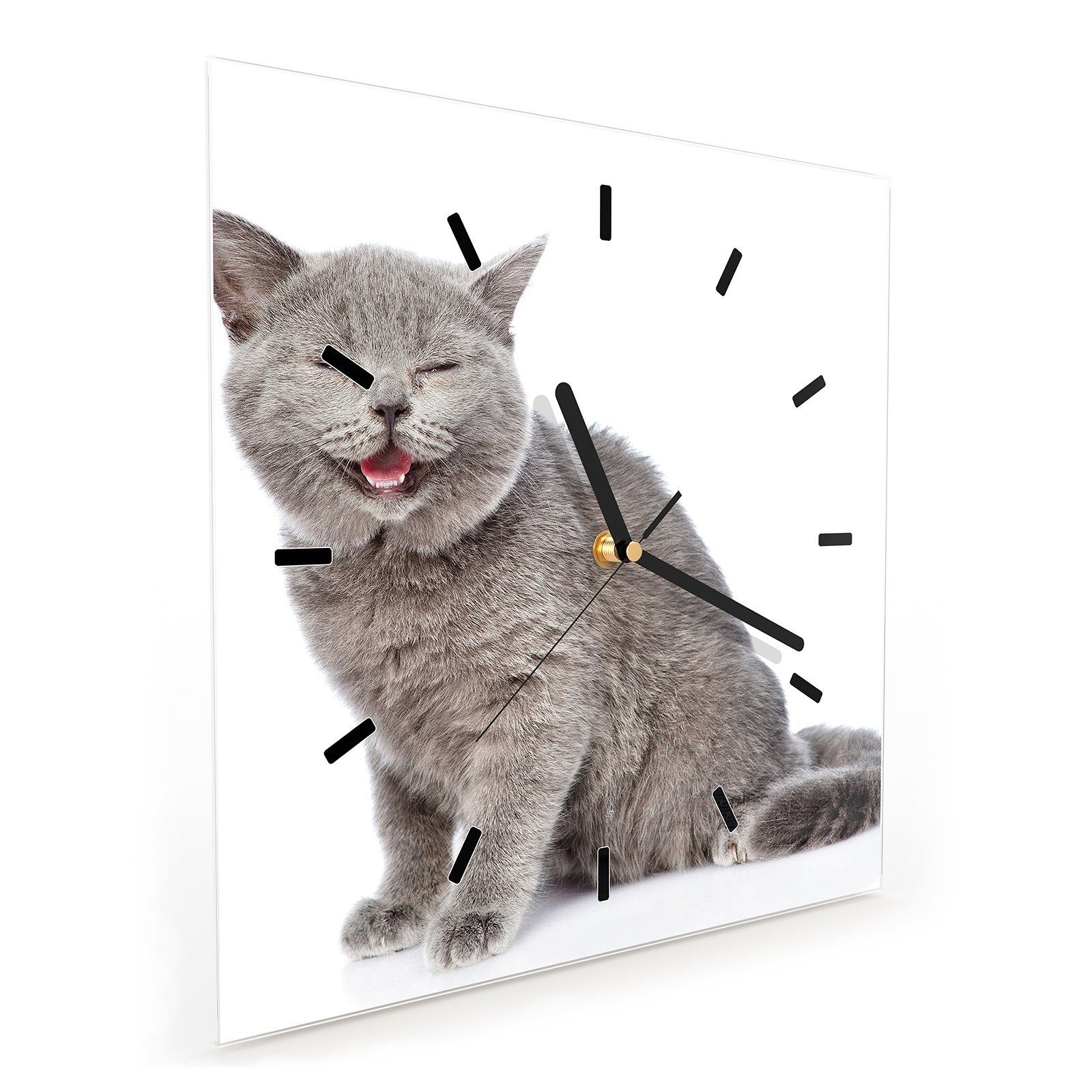 Wanduhr cm Wanduhr Wandkunst mit Katze Größe Glückliche 30 Primedeco Glasuhr x 30 Motiv
