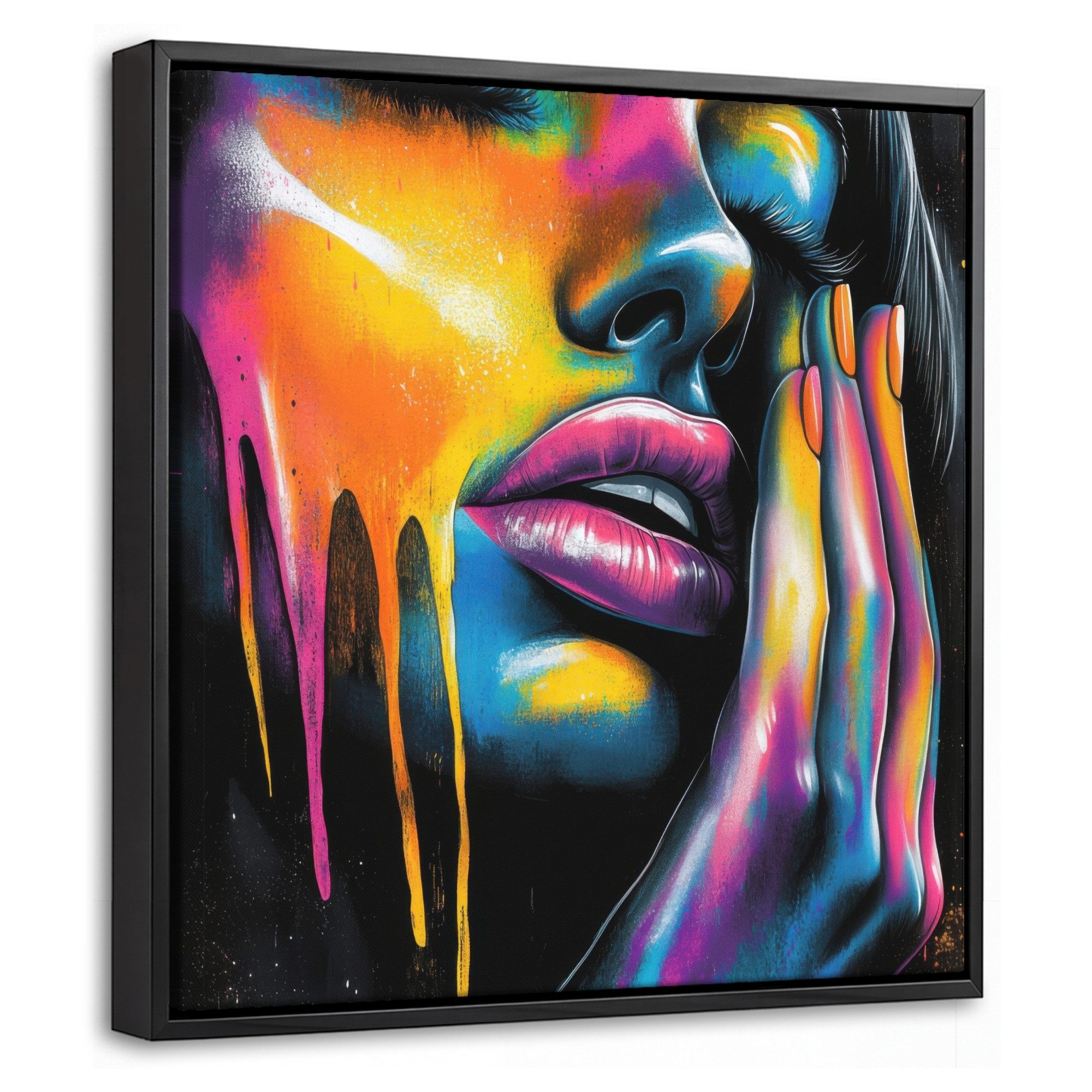 OneMillionCanvasses® Leinwandbild mit Rahmen - Frau - Gesicht - Farbe - Künstlerisch, Fotodruck (1 St), Leinwand Bilder Klein, Wand Dekoration Aesthetic 20x20cm