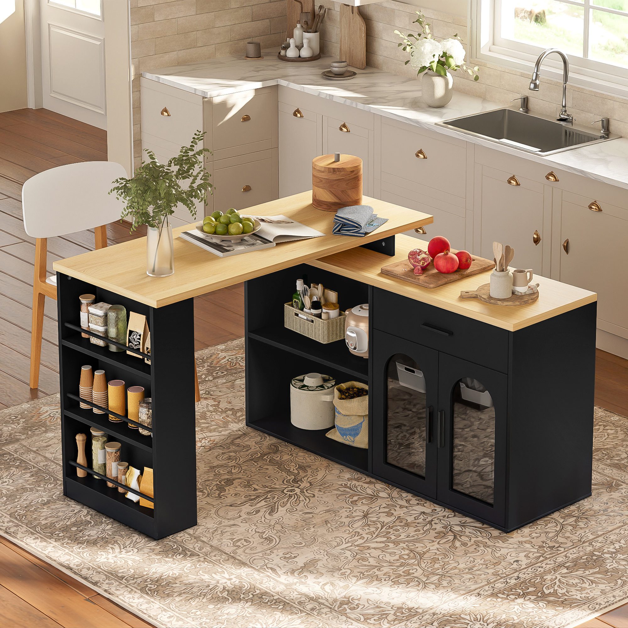 Odikalo Kücheninsel Sideboard Buffetschrank mit Arbeitsplatte Schublade Ablageregal, (Stationäre Kücheninsel mit 360° Drehtisch, Stauraumschrank, Bartisch mit Schublade und Regalen, Küchen-Sideboard mit Ablageregal für Esszimmer und Hausbar, L-förmiger Schreibtisch)