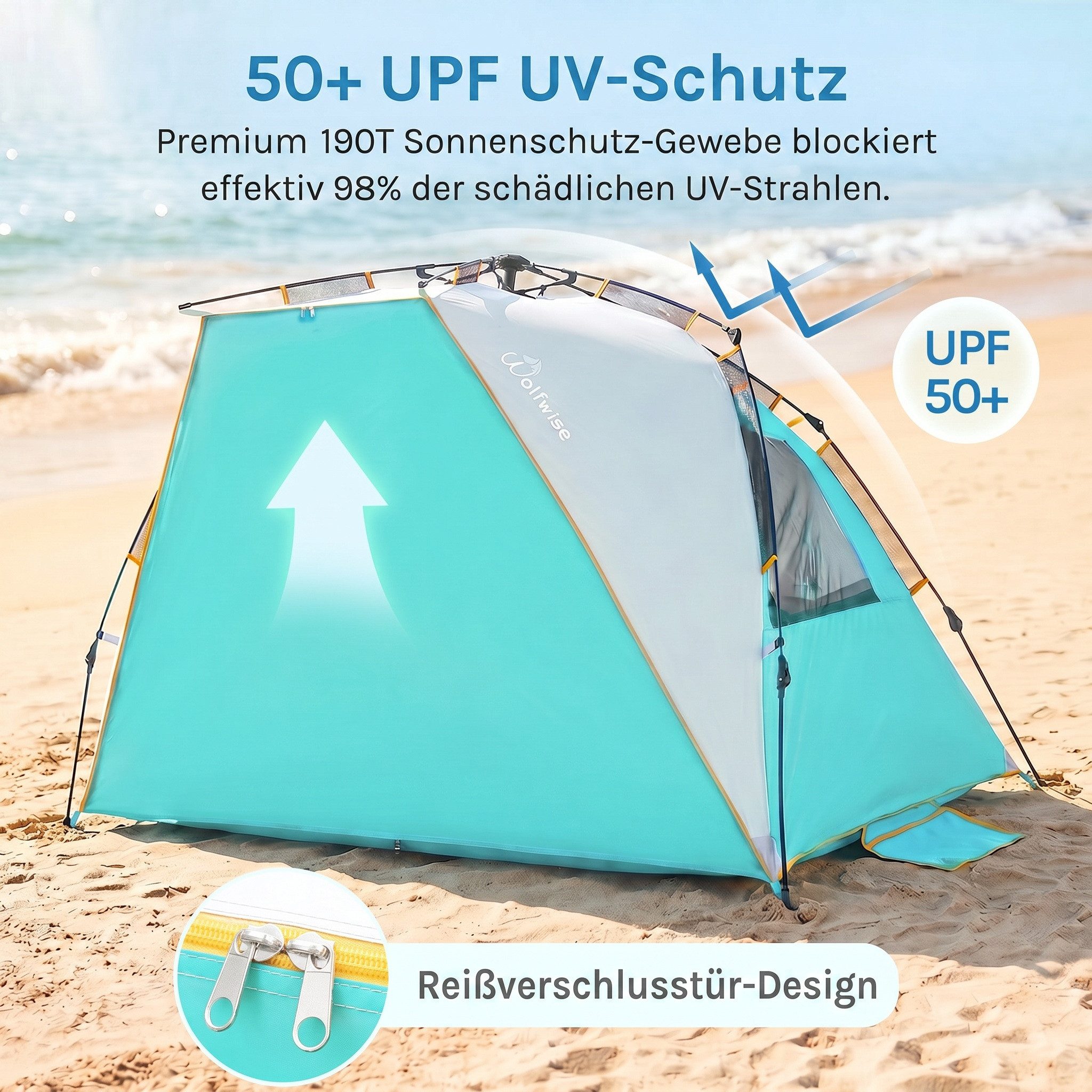 Wolfwise Strandmuschel Strandpavillon UV50+ leicht aufbau wasserfest Mesh-Fenster Strand., Personen: 7 (Set, 1 Strandmuschel, 4 Abspannleinen, 10 Heringe), UPF  – Bild 4 von 5