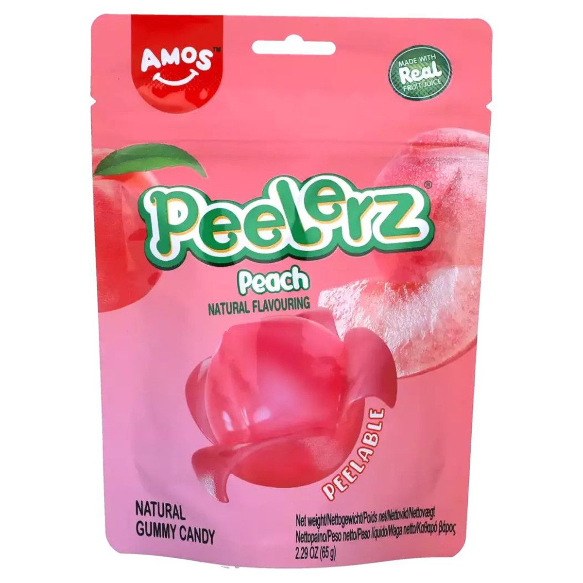 AMOS Süßigkeit, Amos Peelerz Gummies Pfirsich mit einer fruchtigen Füllung 65g