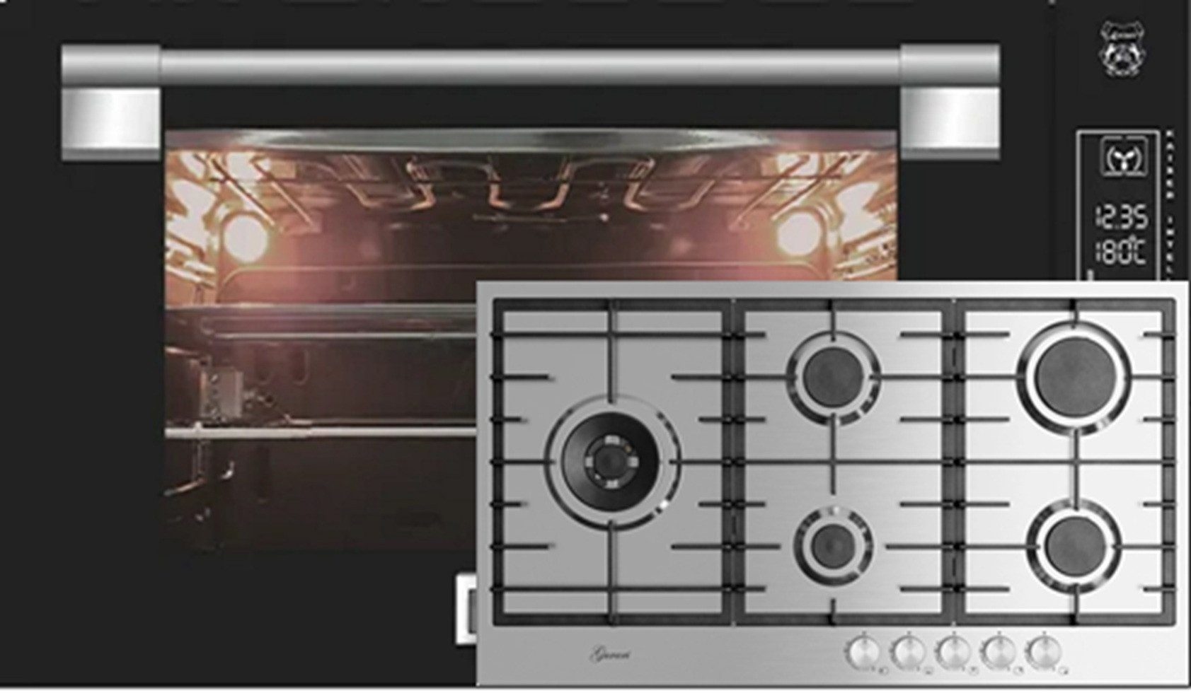 Kaiser Küchengeräte Backofen-Set Herd Set Autark Einbau Backofen 90 cm 105L Schwarzes Glas TouchControl+Gas-Kochfeld 90 cm EH 9309+GCH FG 905 VPGL, mit 1-fach-Teleskopauszug