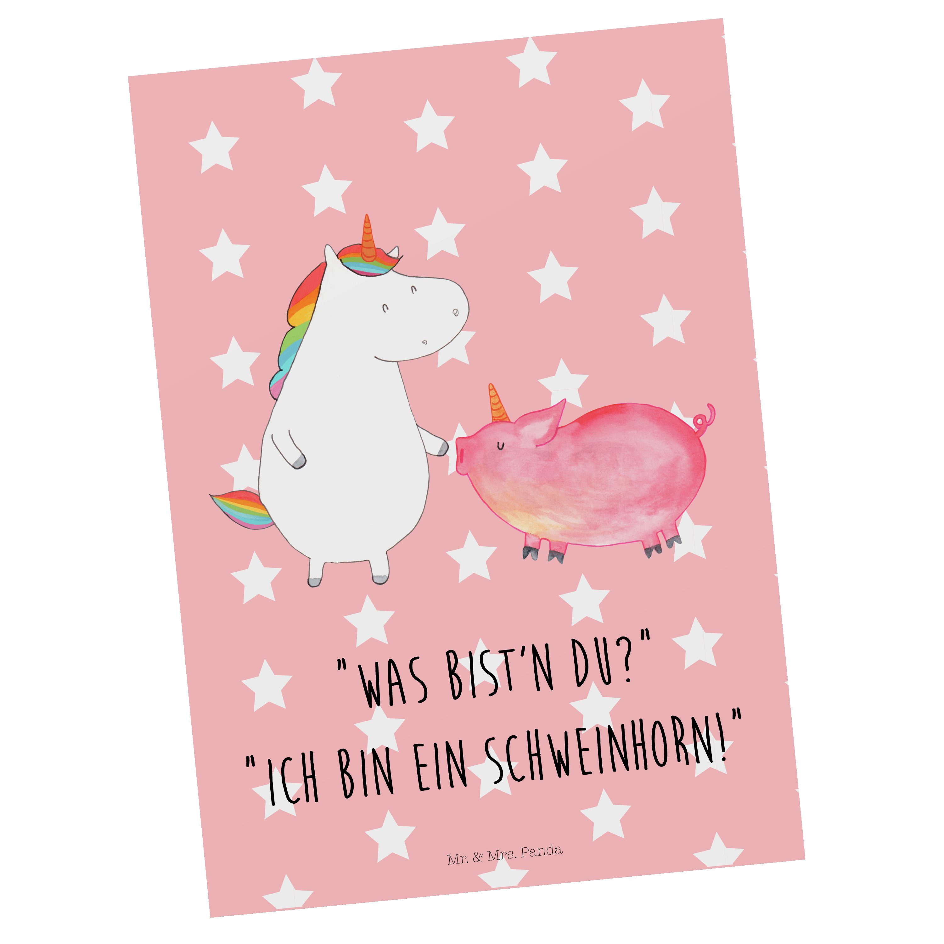 Mr. & Mrs. Panda Postkarte Einhorn + Schweinhorn - Rot Pastell - Geschenk, Einhörner, Pegasus, F