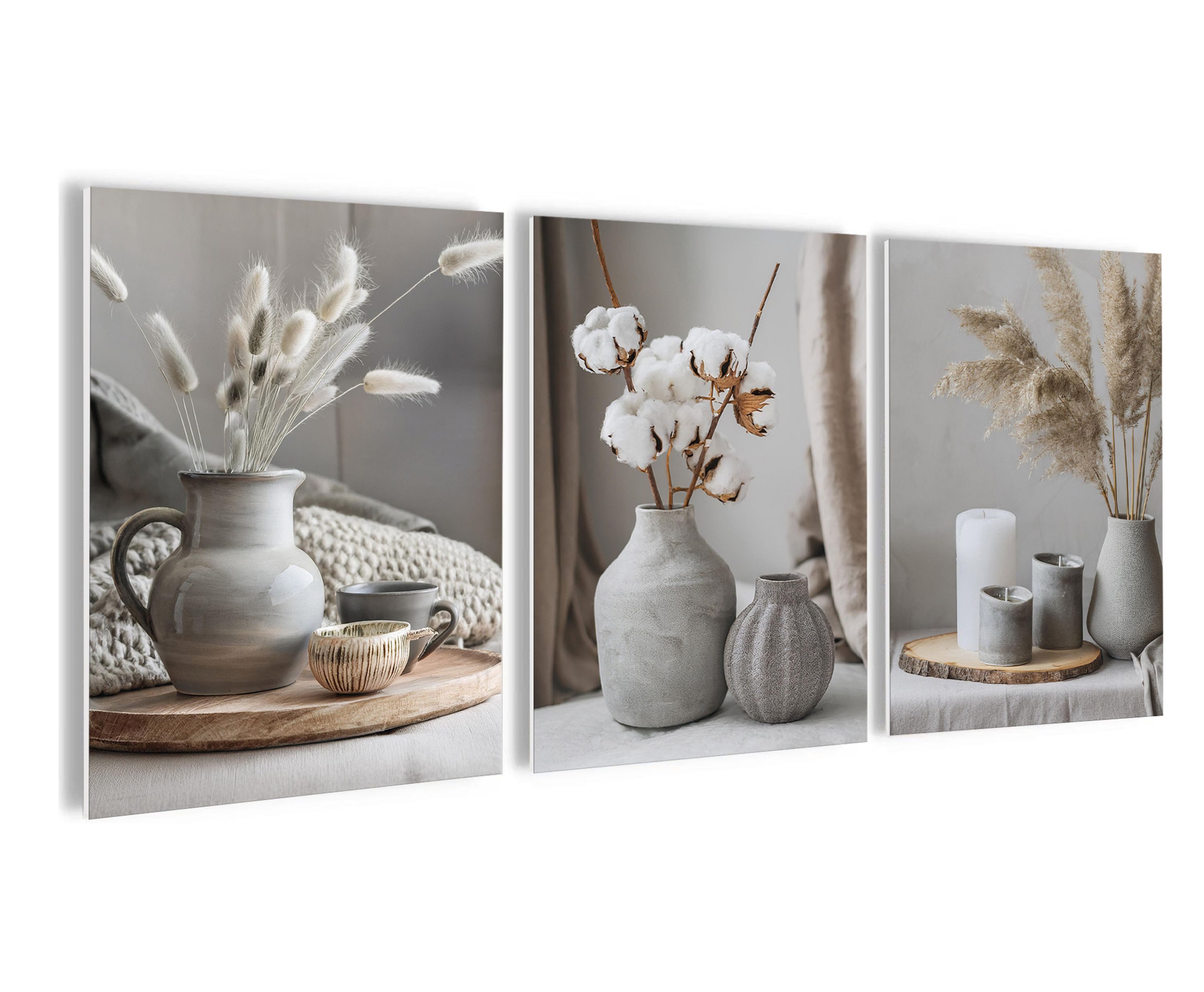 artissimo Mehrteilige Bilder Bilderset 3er-Set, Wandbilder-Set natur, Bilderwand Bilder beige weiß, moderne Stillleben: Gräser in weiß und beige