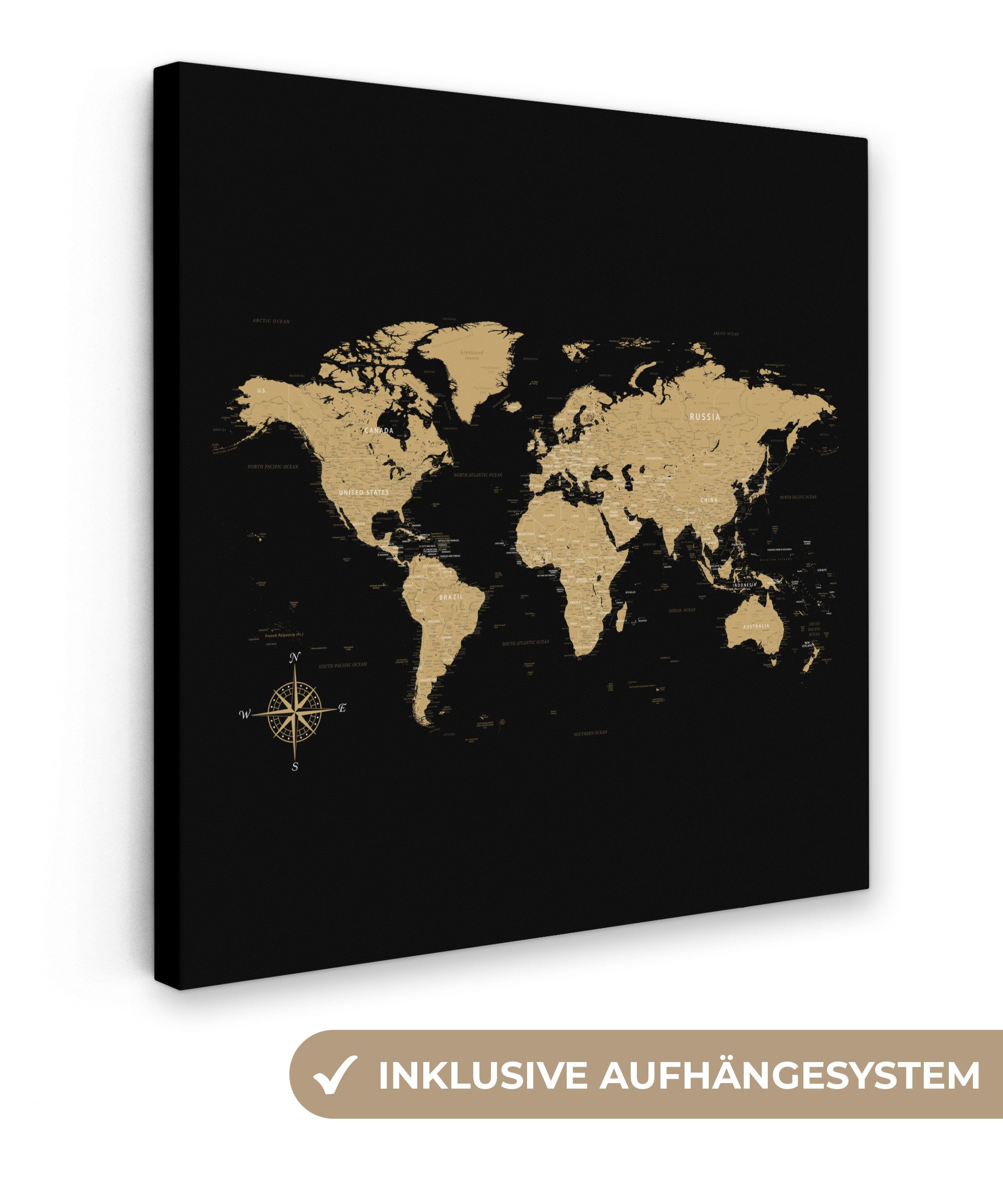 OneMillionCanvasses® Leinwandbild Weltkarte - Beige - Schwarz, Fotodruck (1 günstig online kaufen