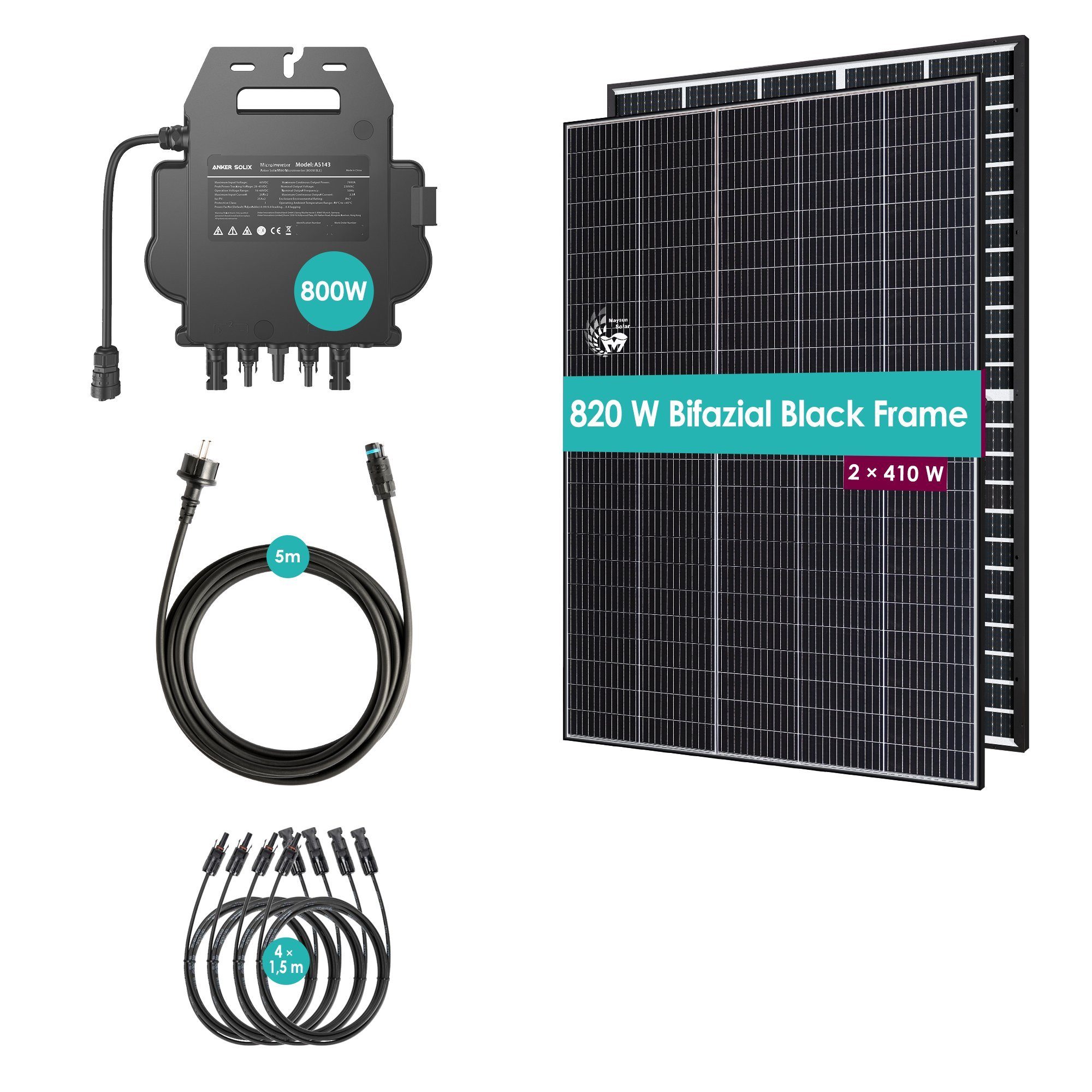 VALE Solaranlage Balkonkraftwerk 820W, (2 x 410W Bifaziale Black Frame Glas-Glas Maysun MS410MDG-40H TwiSun Module, Anker MI80 800W Wechselrichter, 4 x 1,5m MC4 Kabel, 5m Anschlusskabel)