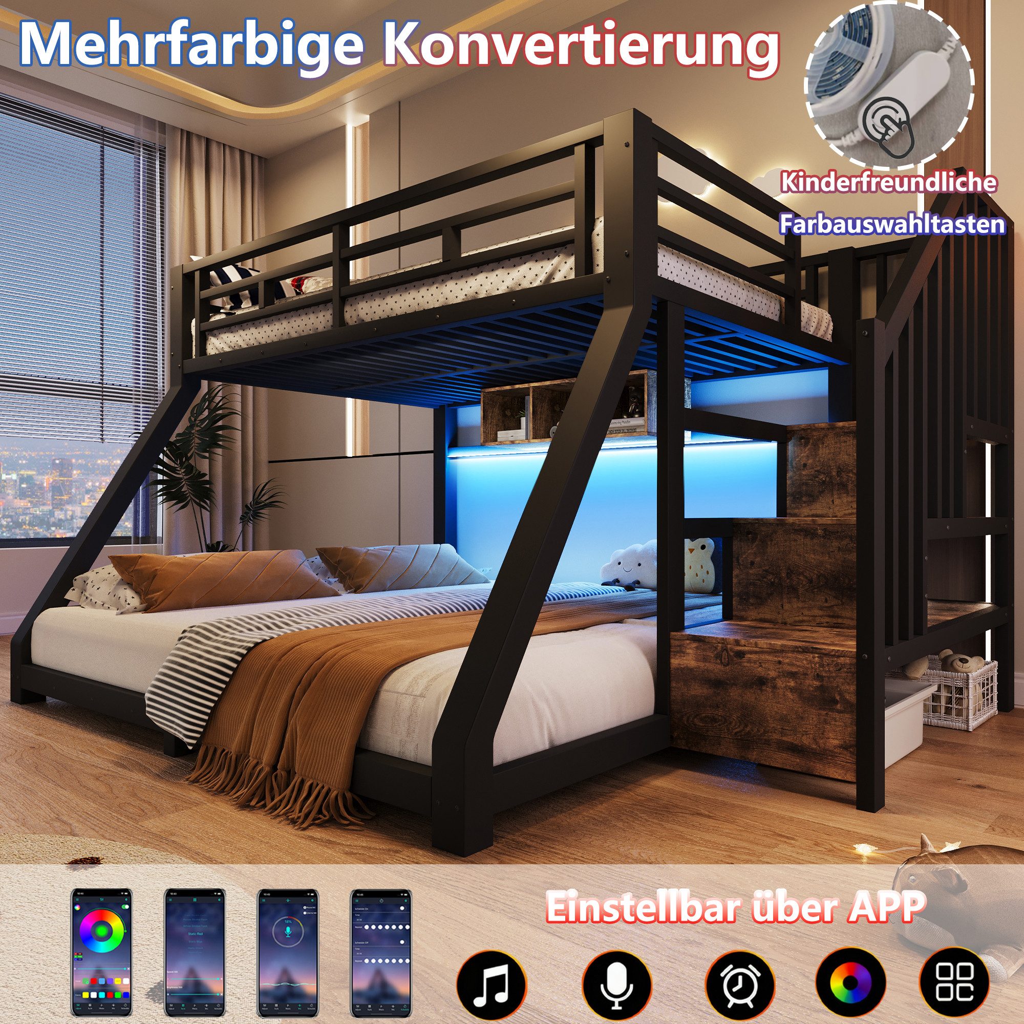 Odikalo Bunk Bed 90x200 140x200 Children's Bed Youth Bed with LED Storage Staircase (With LED light strips, three storage compartments, staircase construction with storage space, railing, step, EN747 certified, without mattress, metal)